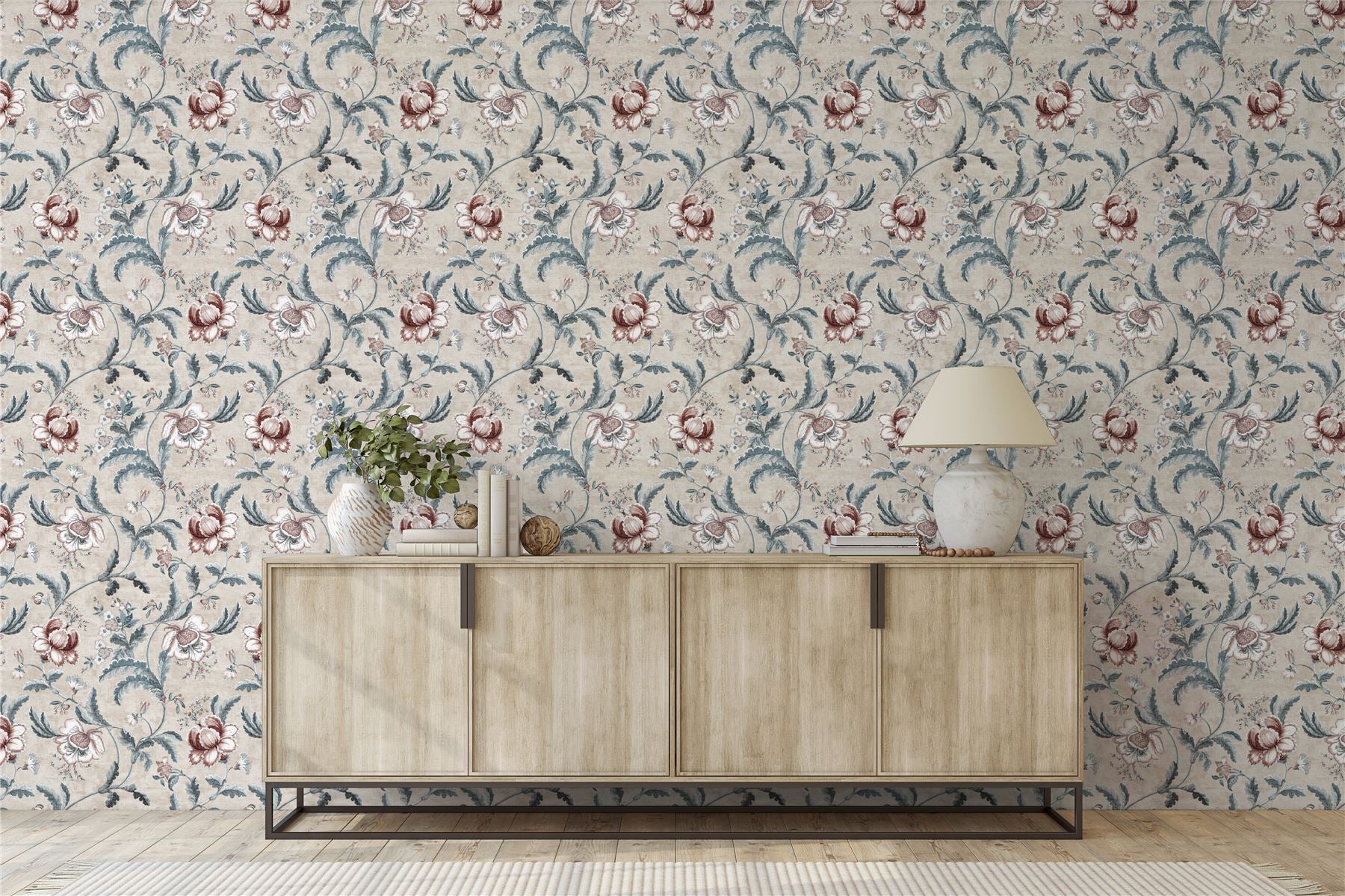 Tapestry Floral Vermilion Blue Wallpaper - Esselle Home