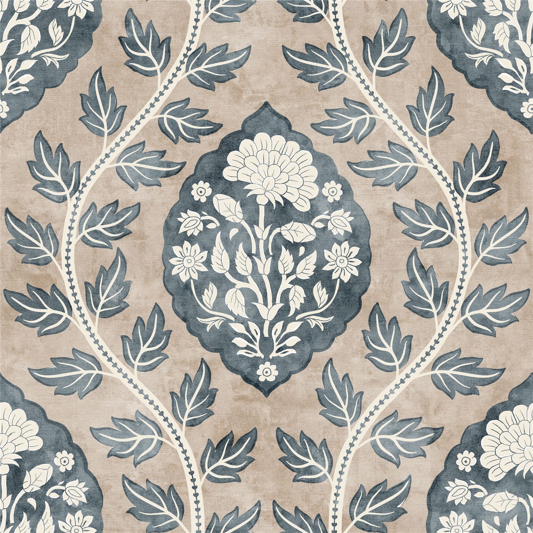 Floral Cartouche Stone Blue Wallpaper