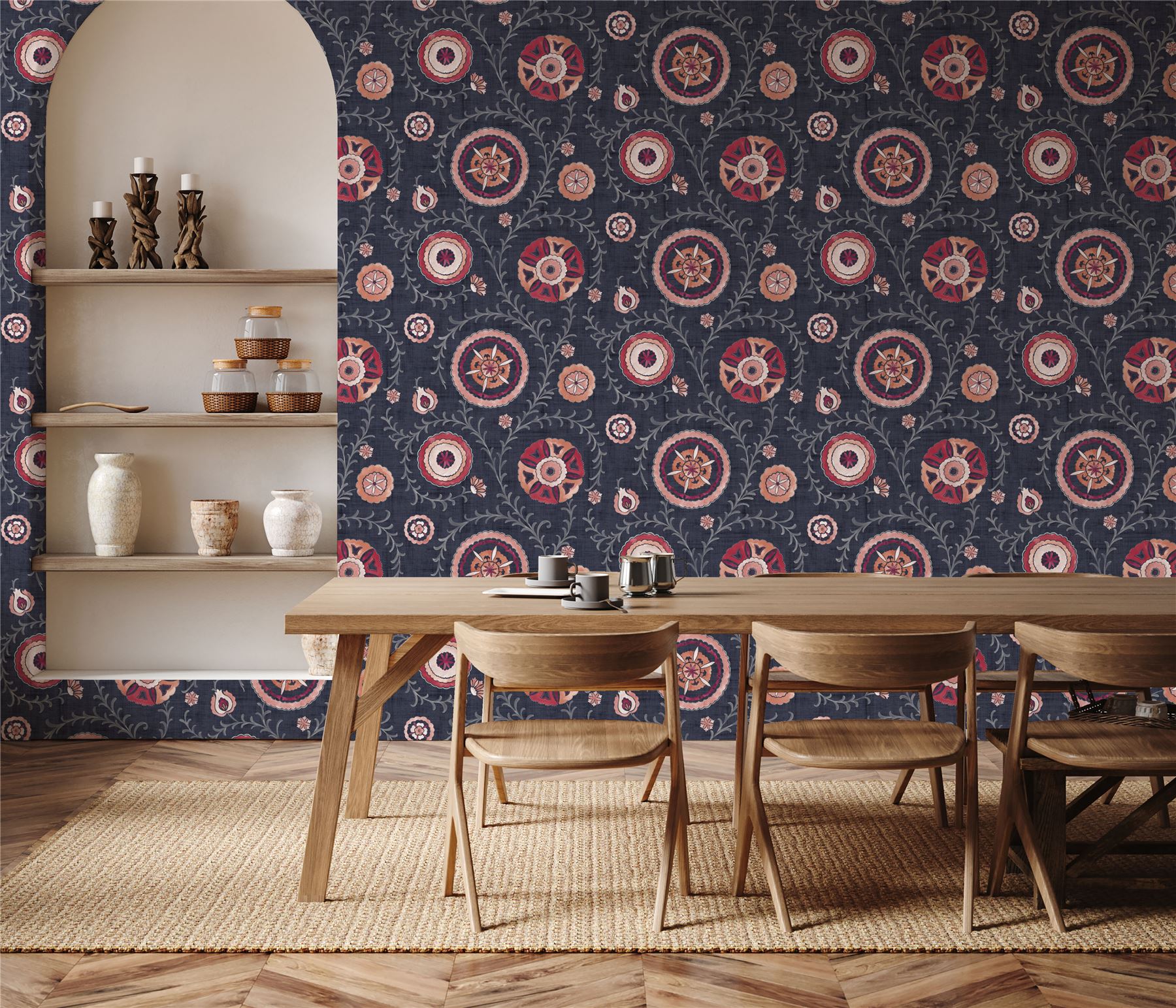 Nahlia Trail Navy/Berry Wallpaper - Esselle Home