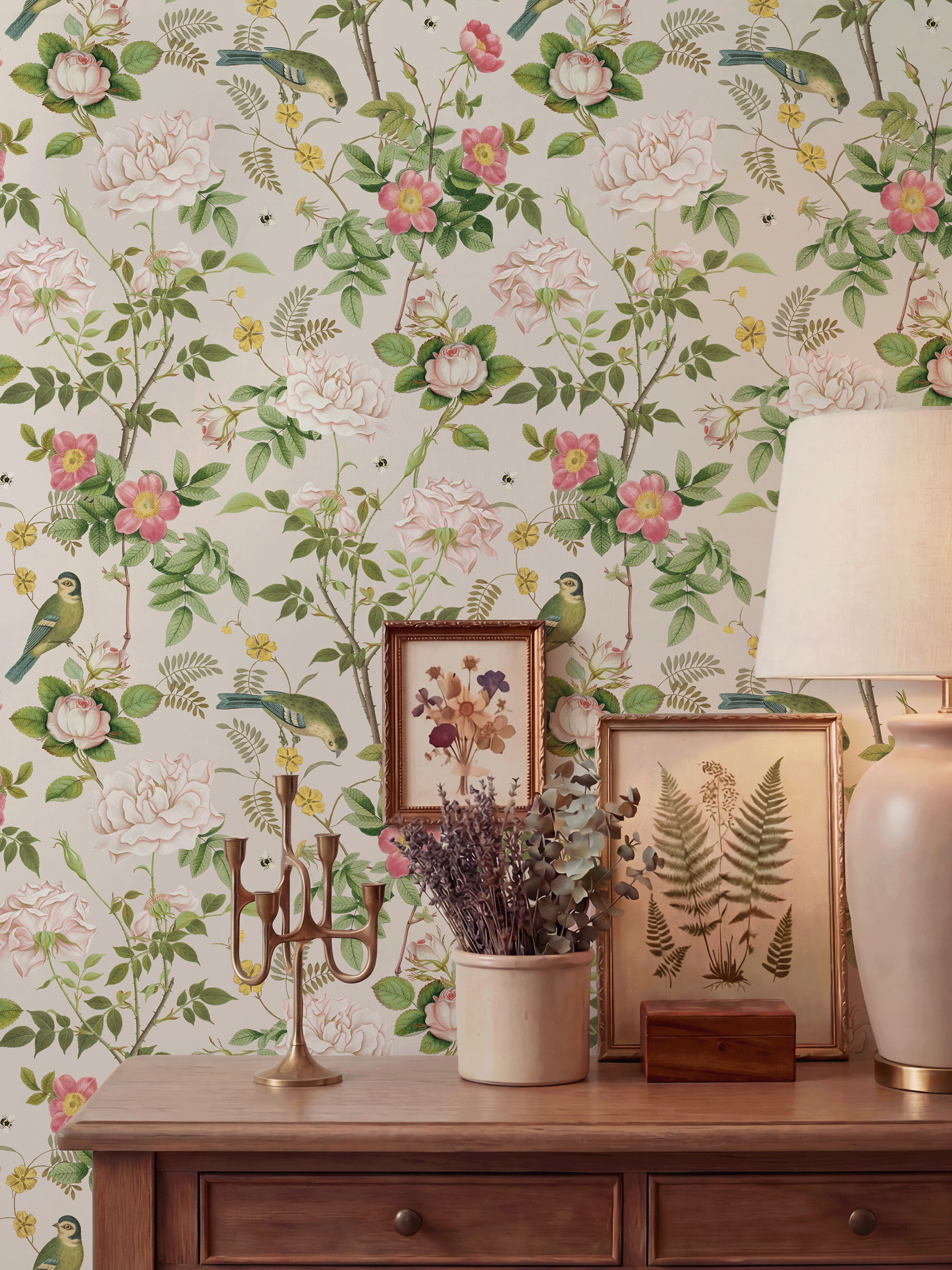 RHS Birdsong & Blooms Cream Wallpaper - Esselle Home