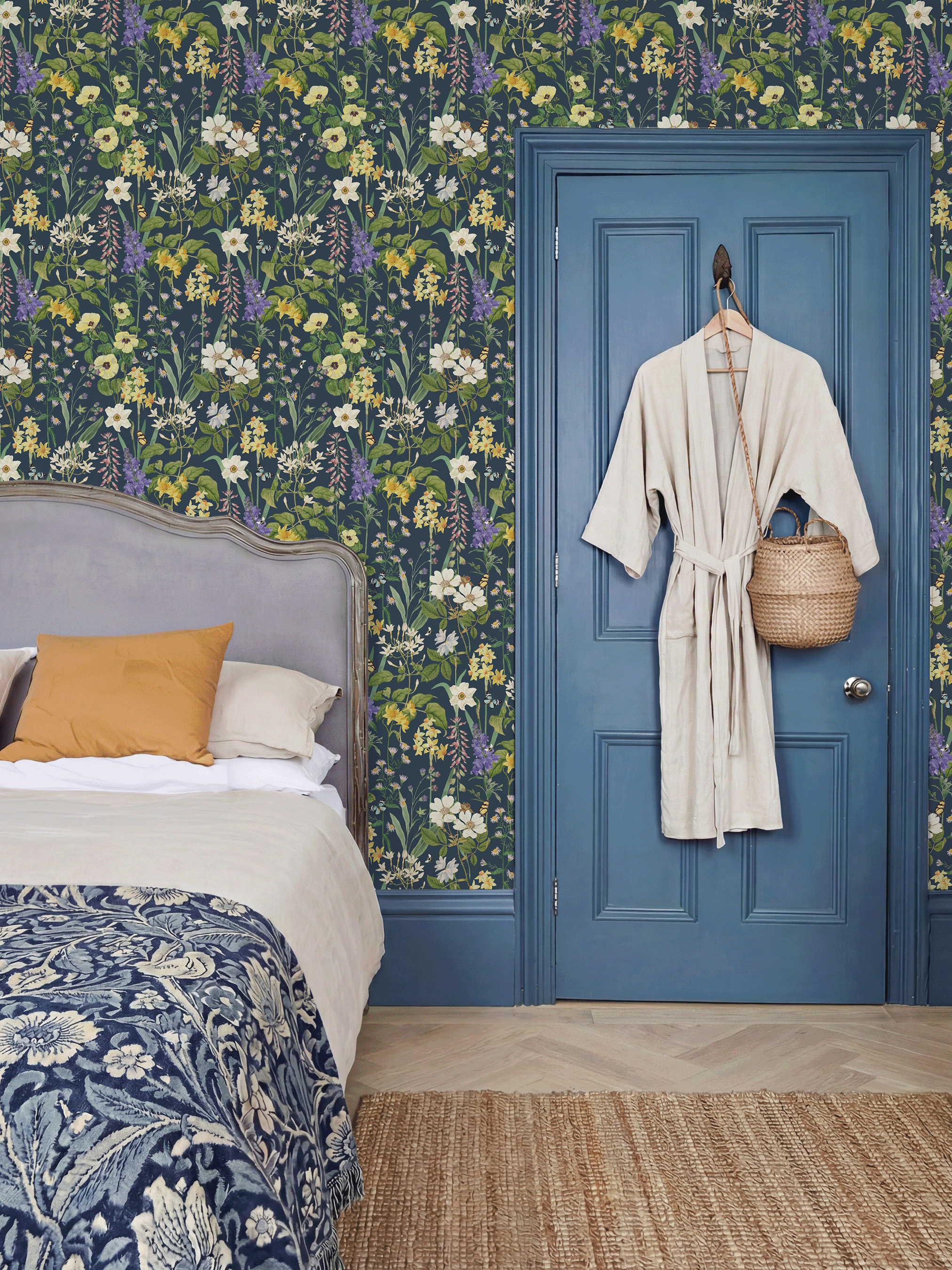 RHS Flower Medley Navy Wallpaper - Esselle Home