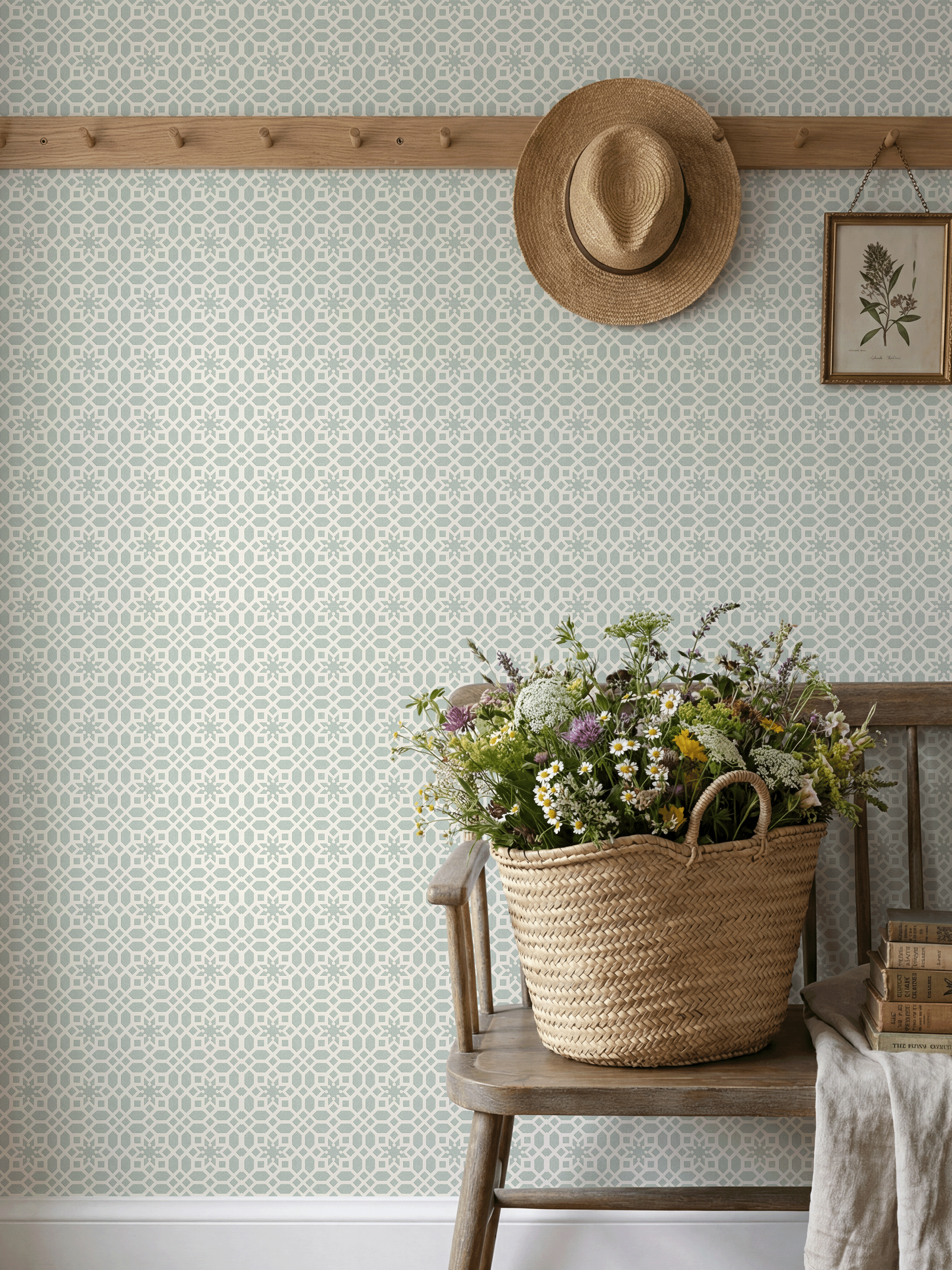 RHS Star Trellis Soft Blue Wallpaper - Esselle Home