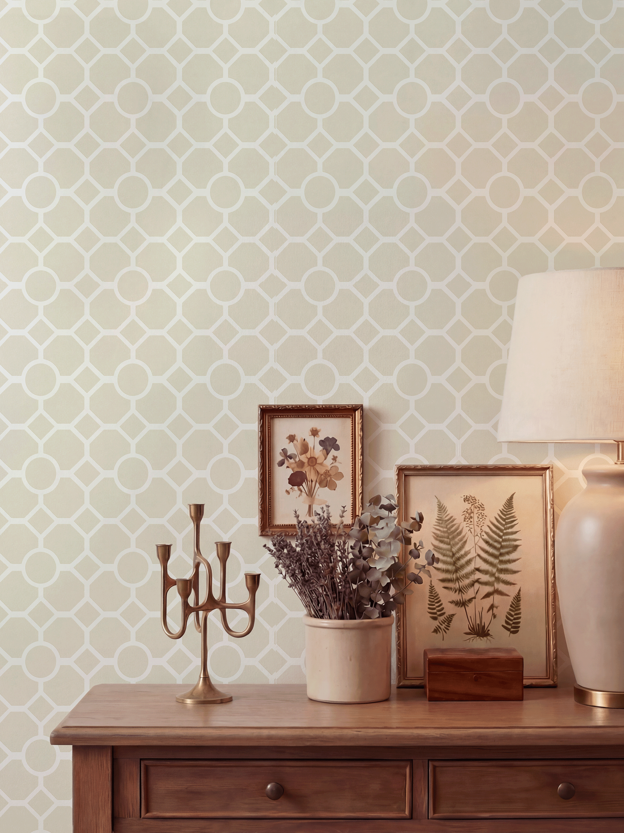 RHS Lattice Fretwork Natural Wallpaper - Esselle Home