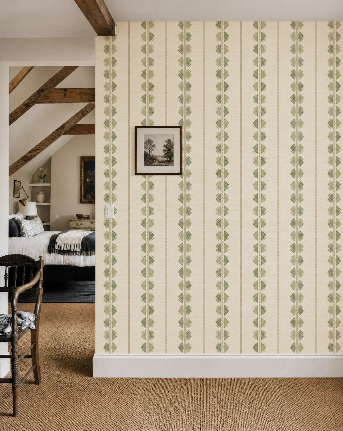 Maris Sage & Green Wallpaper | Fan Leaf Stripe - Esselle Home
