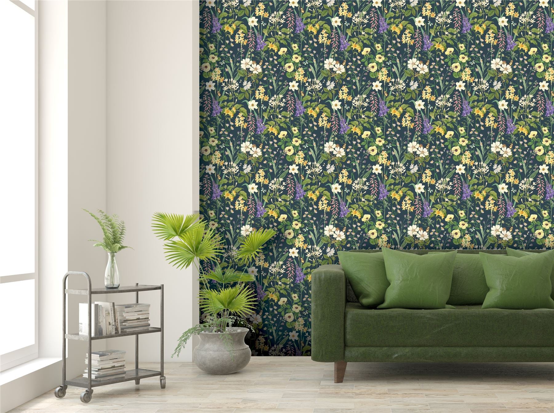 RHS Flower Medley Navy Wallpaper