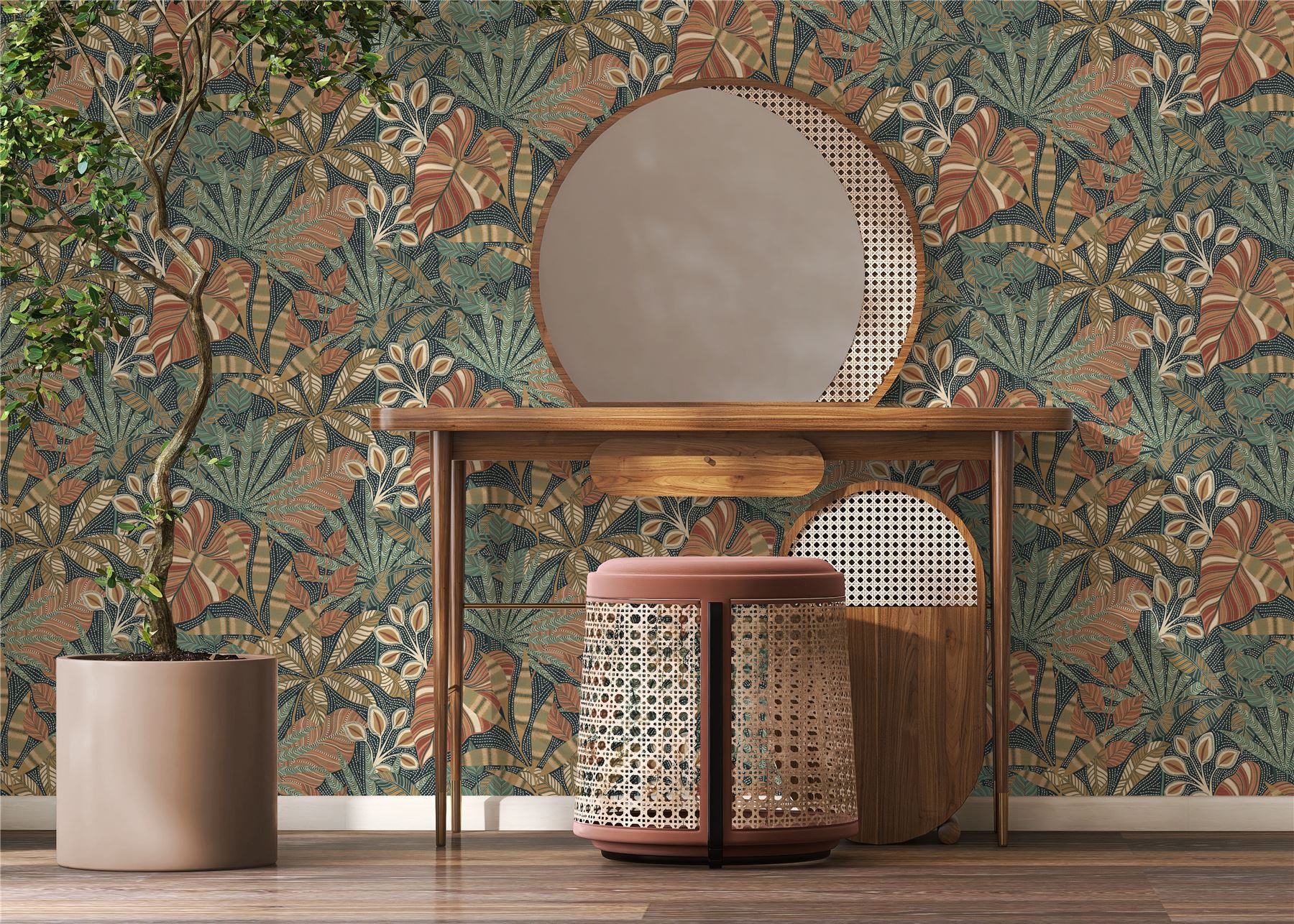 Kirra Leaf Navy/Spice Wallpaper