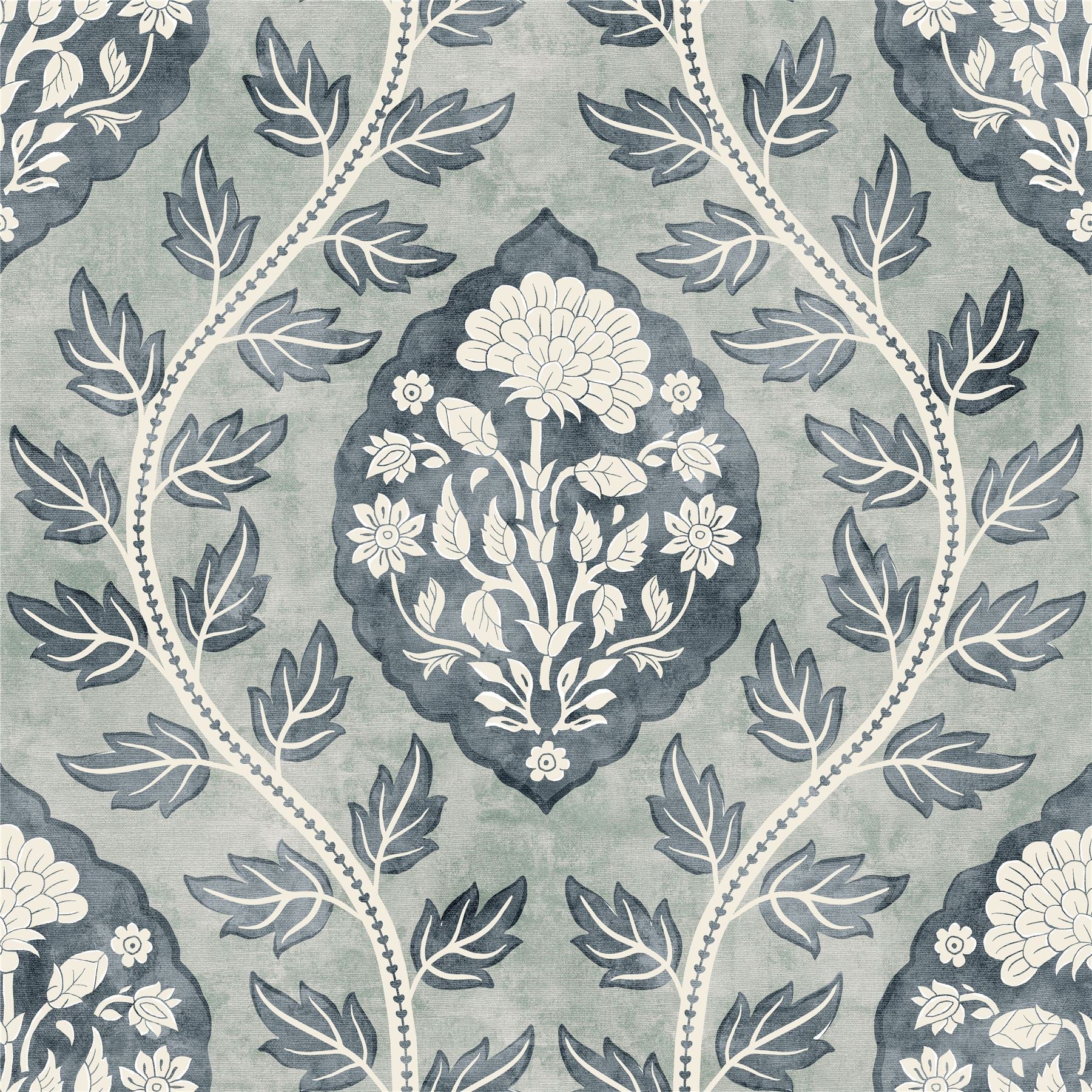 Floral Cartouche Slate Blue Wallpaper