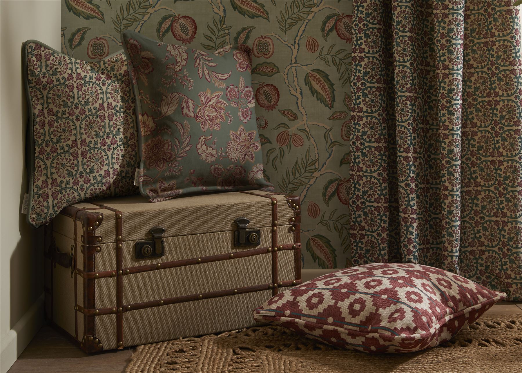 Veda Linen Teal/Raspberry Fabric - Esselle Home