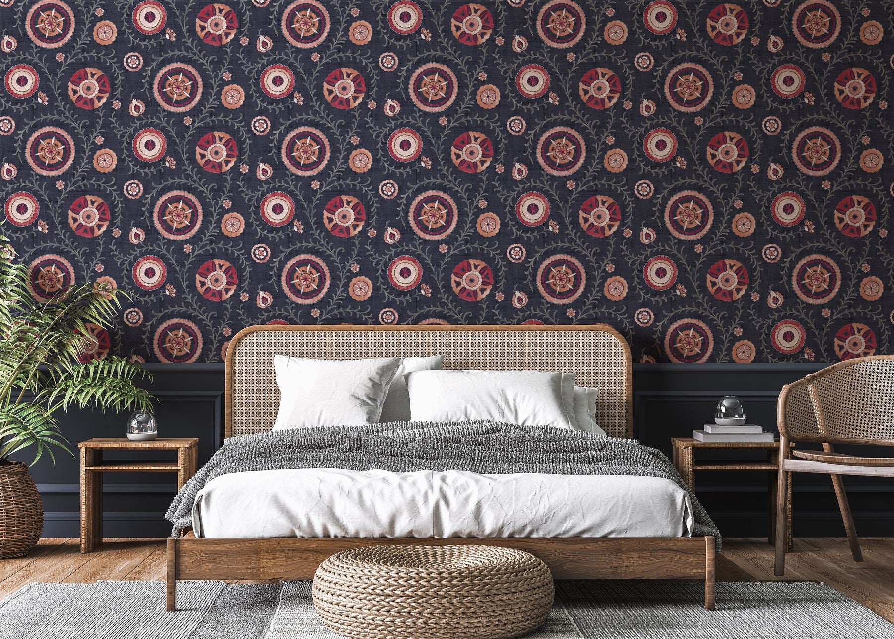 Nahlia Trail Navy/Berry Wallpaper - Esselle Home