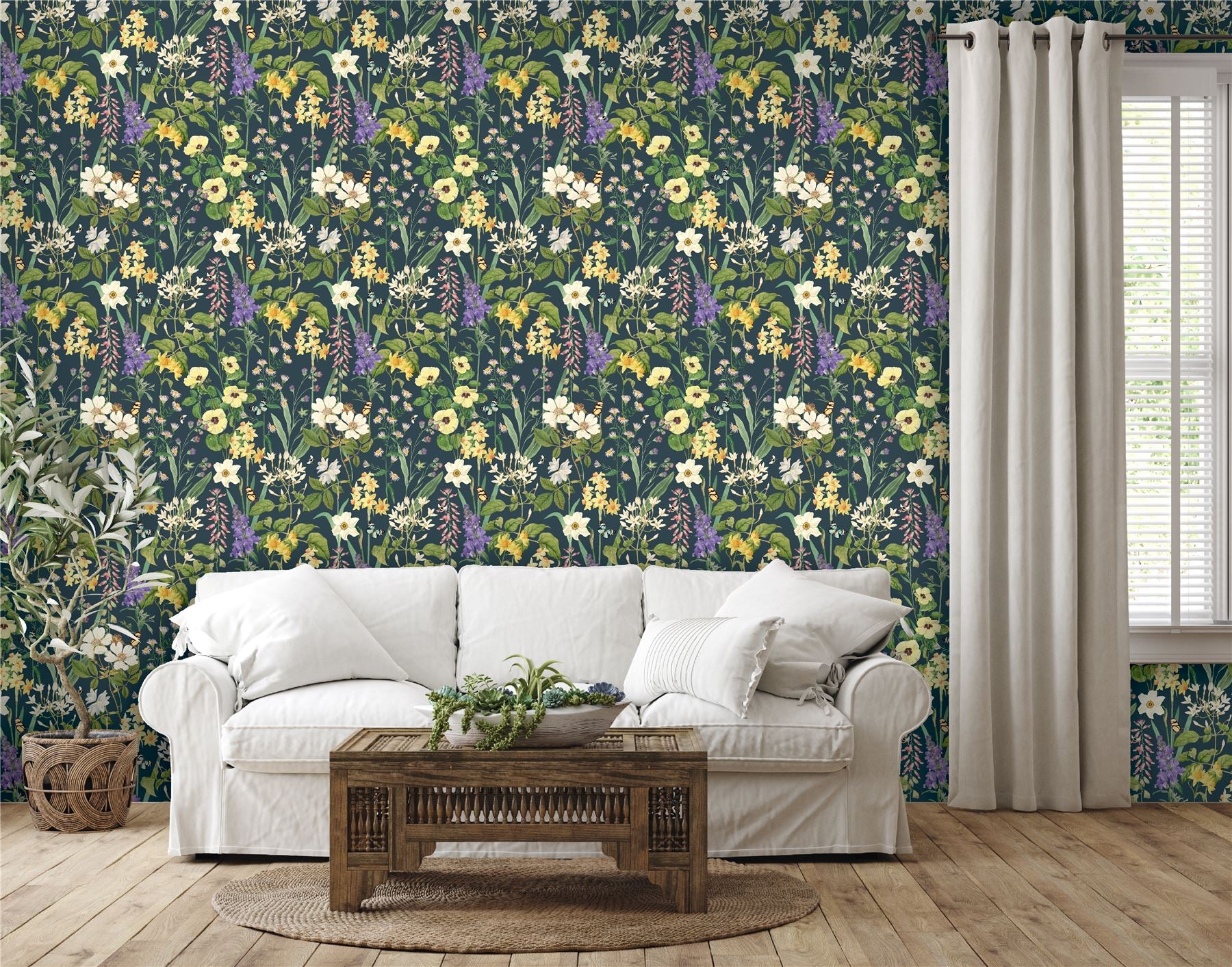 RHS Flower Medley Navy Wallpaper