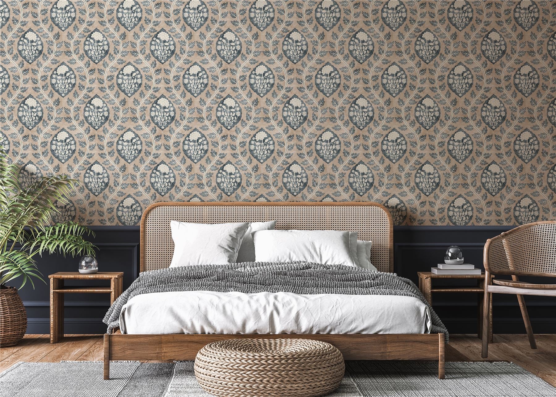 Floral Cartouche Stone Blue Wallpaper - Esselle Home