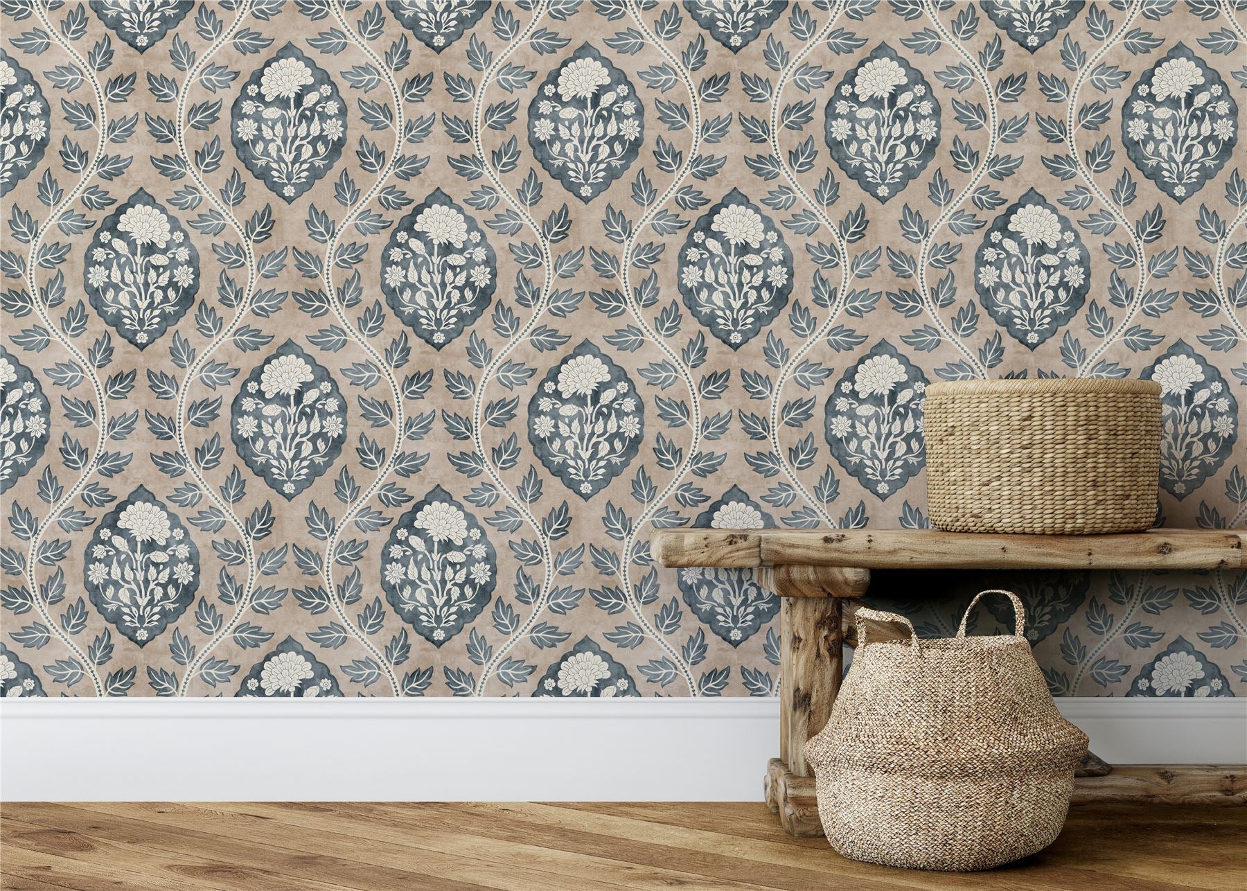 Floral Cartouche Stone Blue Wallpaper - Esselle Home