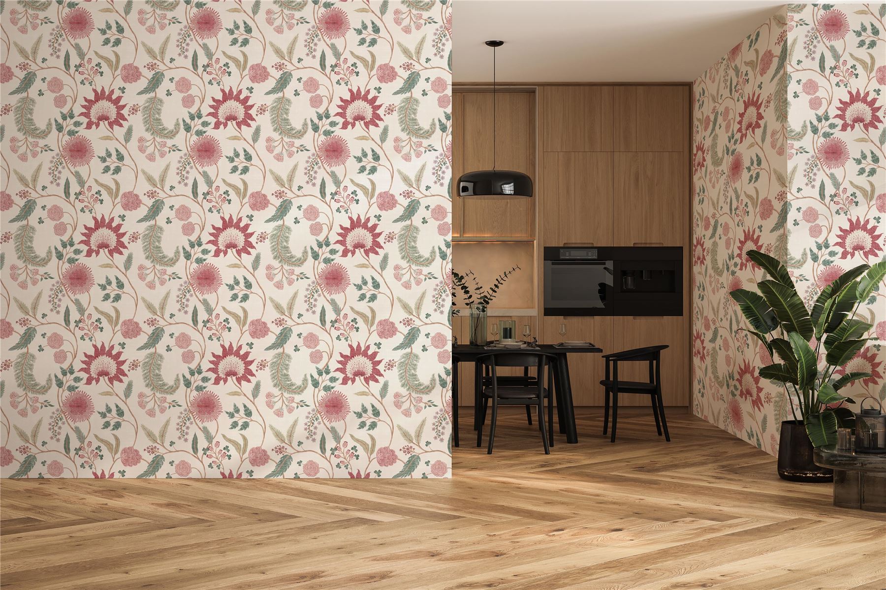 Fable Trail Linen/Raspberry/Green Wallpaper