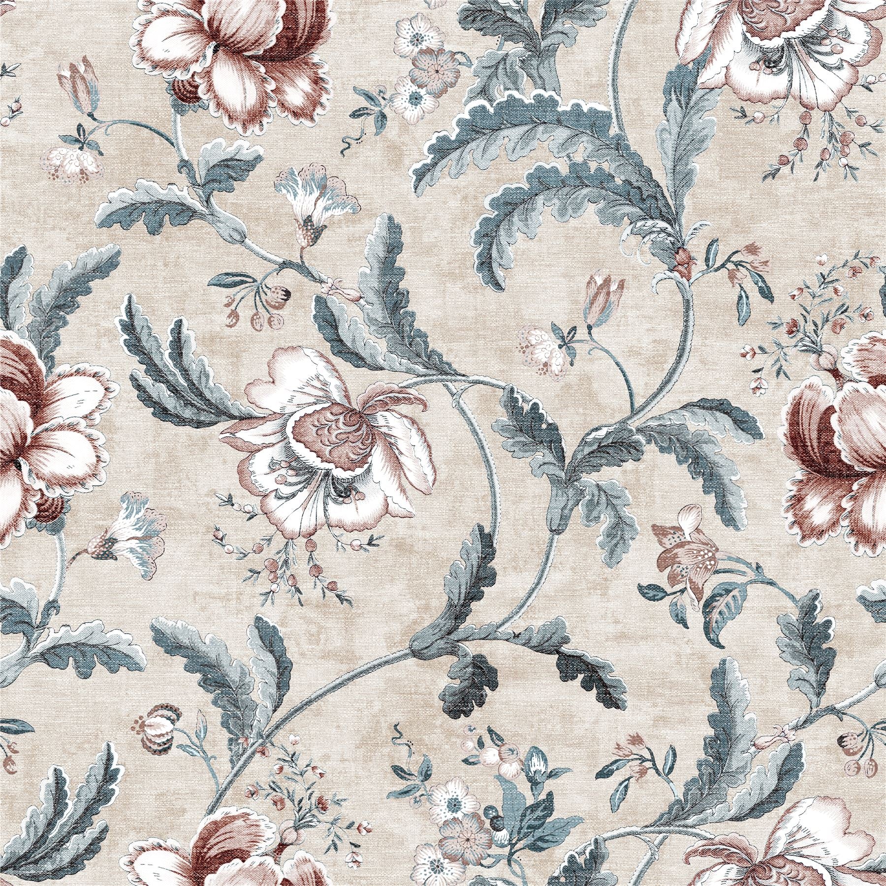 Tapestry Floral Vermilion Blue Wallpaper