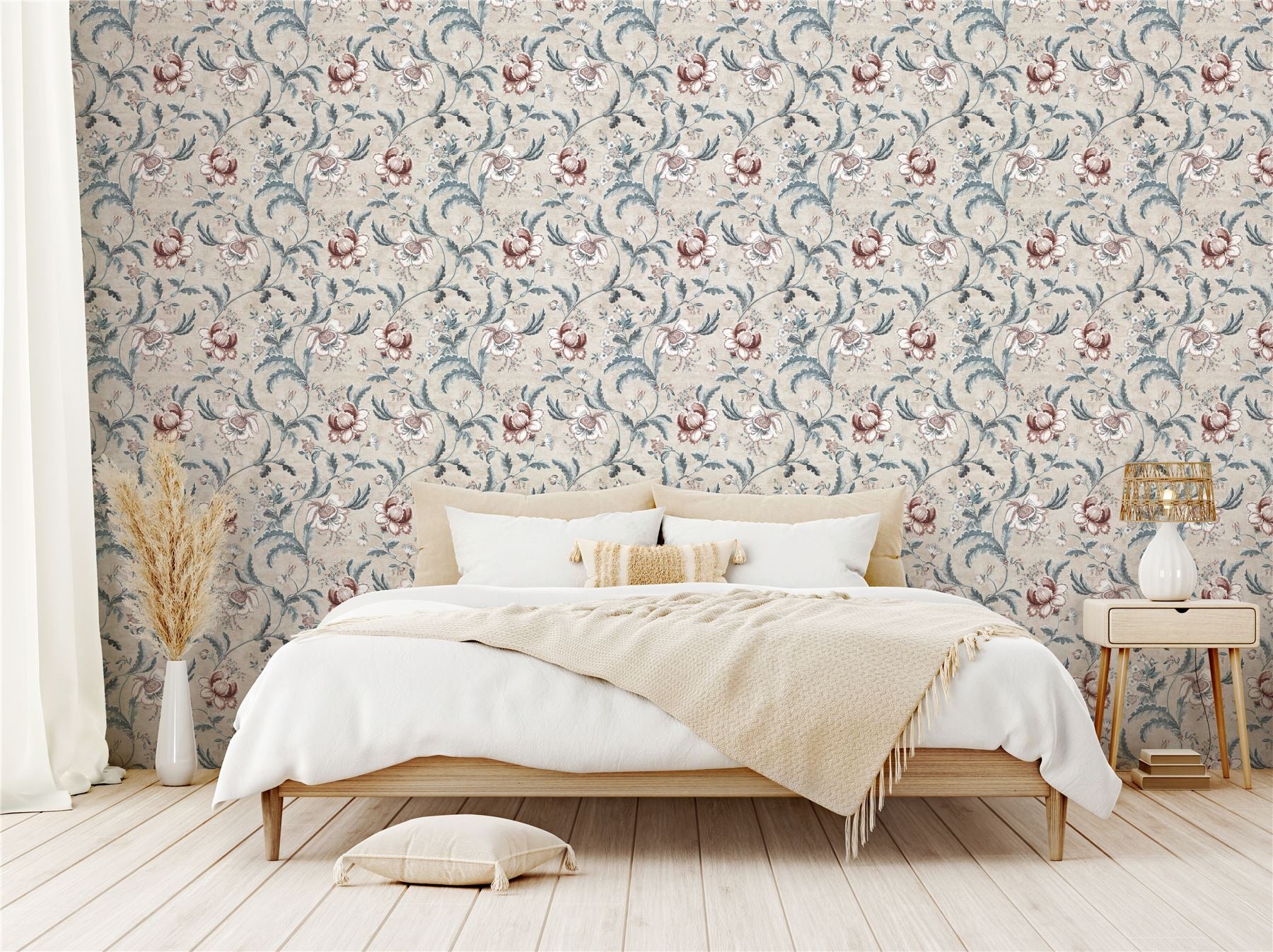 Tapestry Floral Vermilion Blue Wallpaper