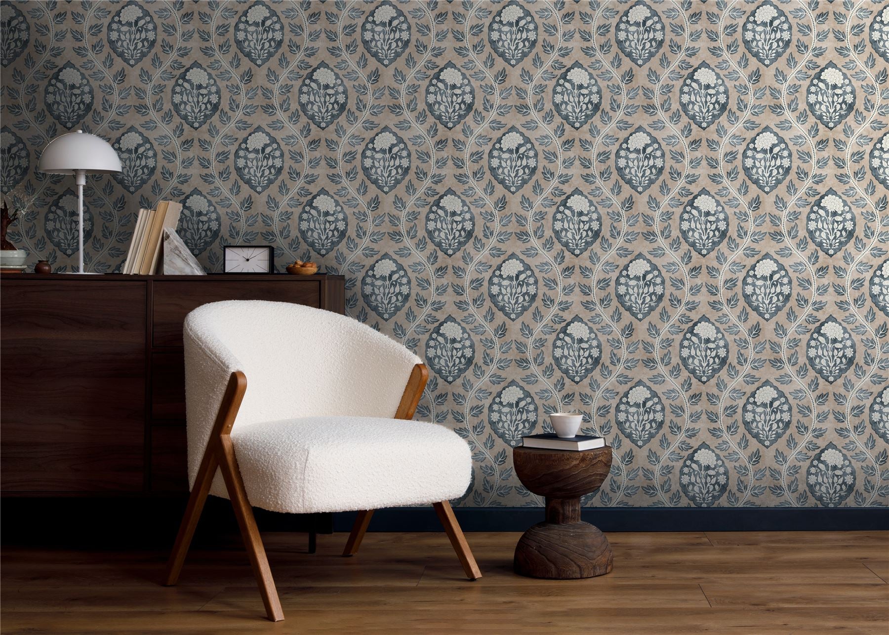 Floral Cartouche Stone Blue Wallpaper - Esselle Home