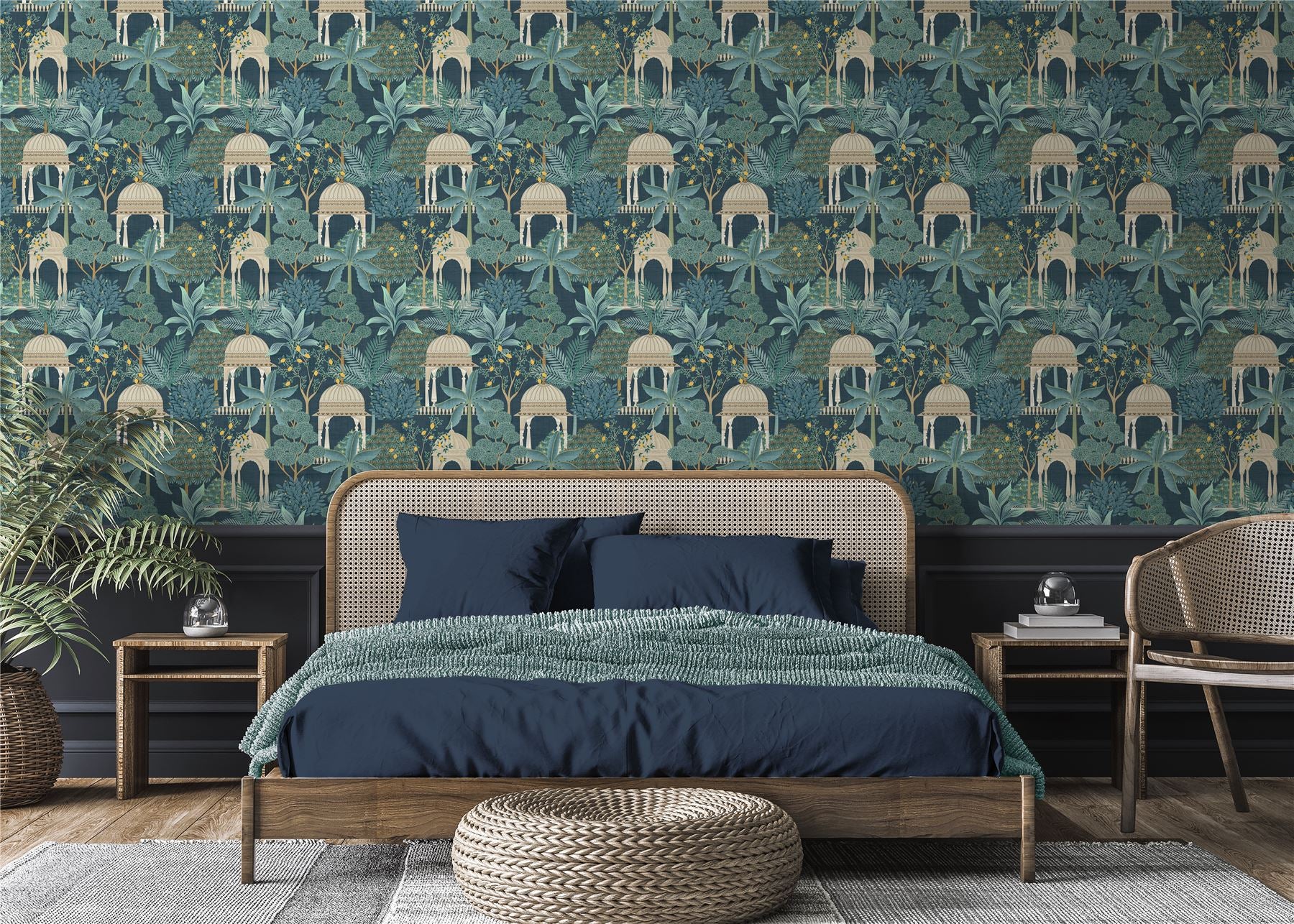 Exotic Pavilion Navy Wallpaper - Esselle Home