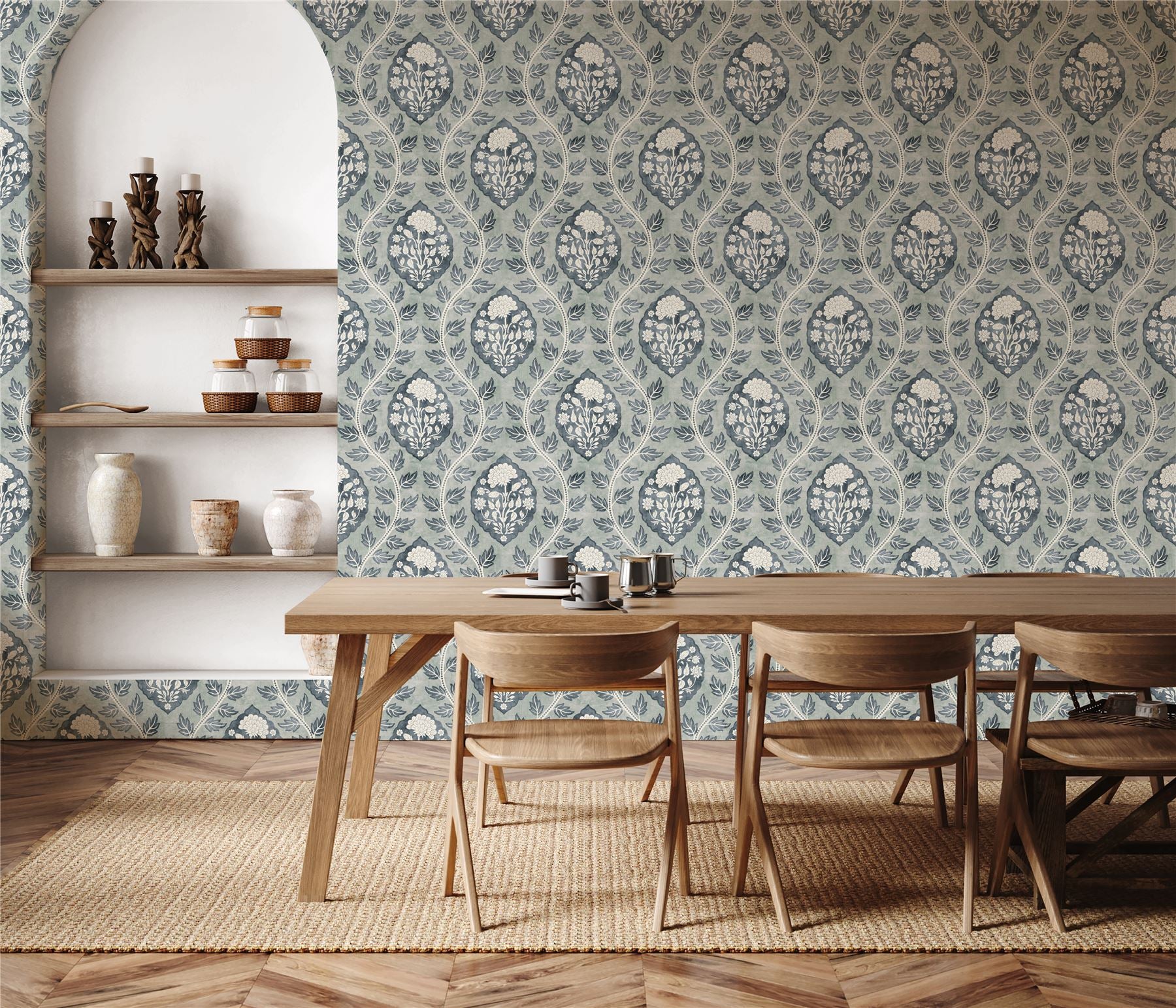Floral Cartouche Slate Blue Wallpaper