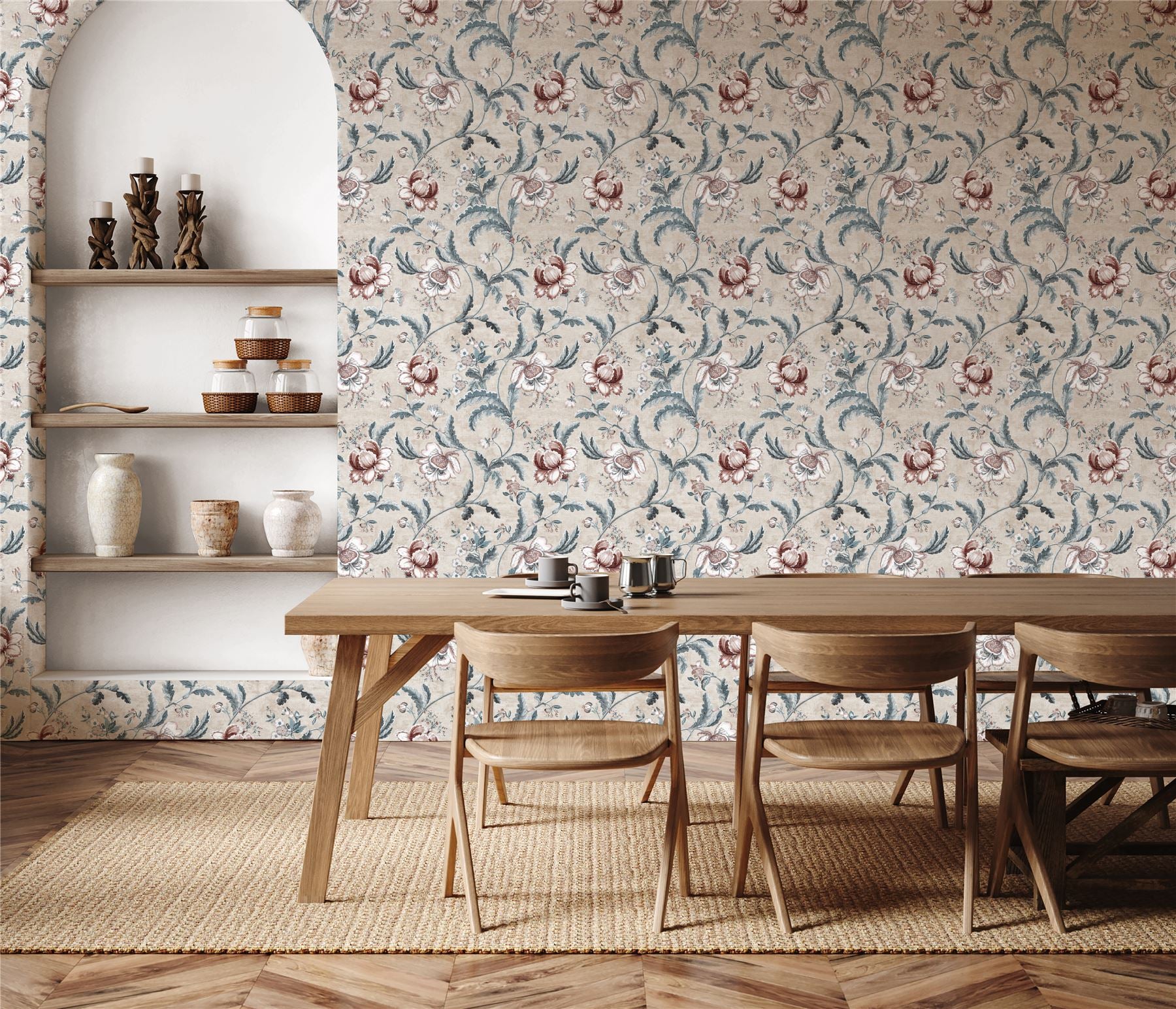 Tapestry Floral Vermilion Blue Wallpaper - Esselle Home