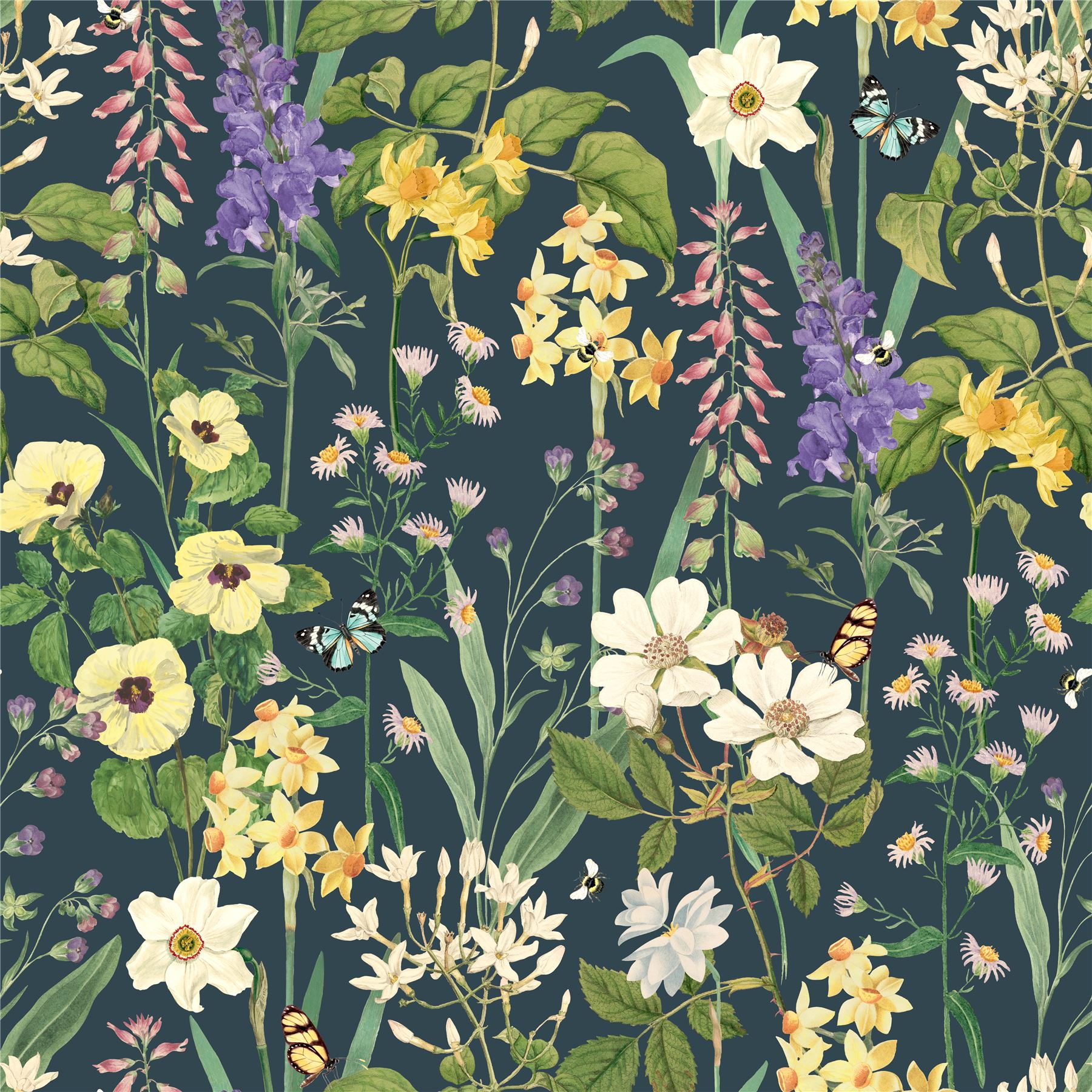 RHS Flower Medley Navy Wallpaper