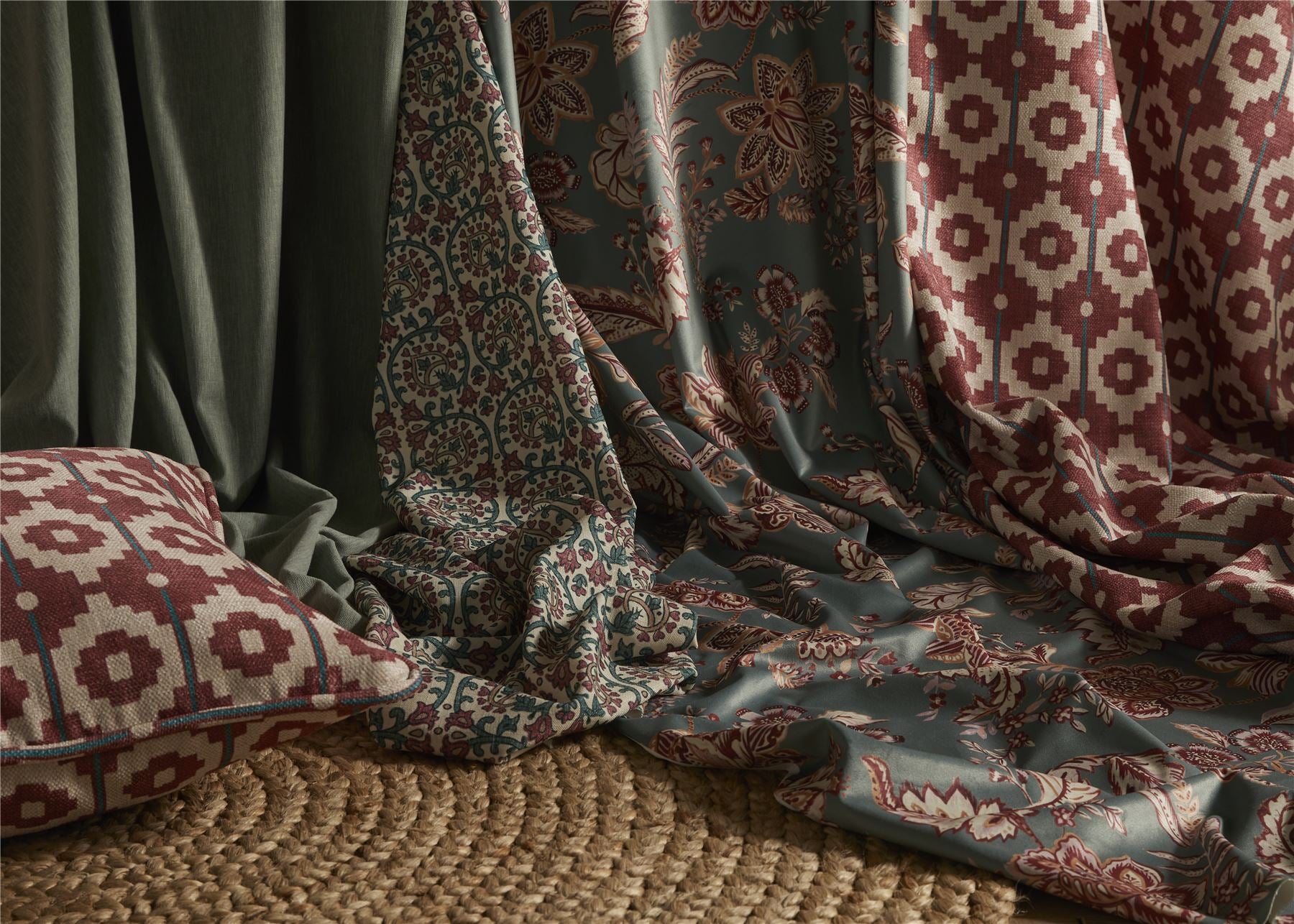 Kashmir Jacobean Teal/Raspberry Fabric - Esselle Home