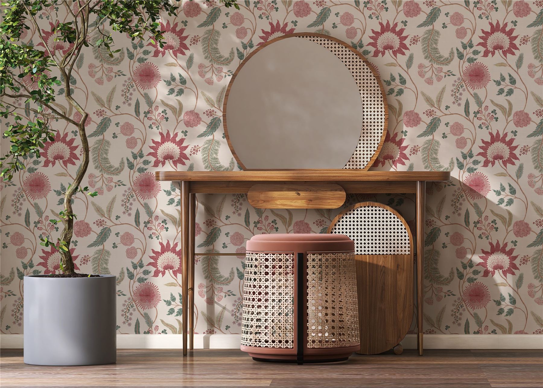 Fable Trail Linen/Raspberry/Green Wallpaper