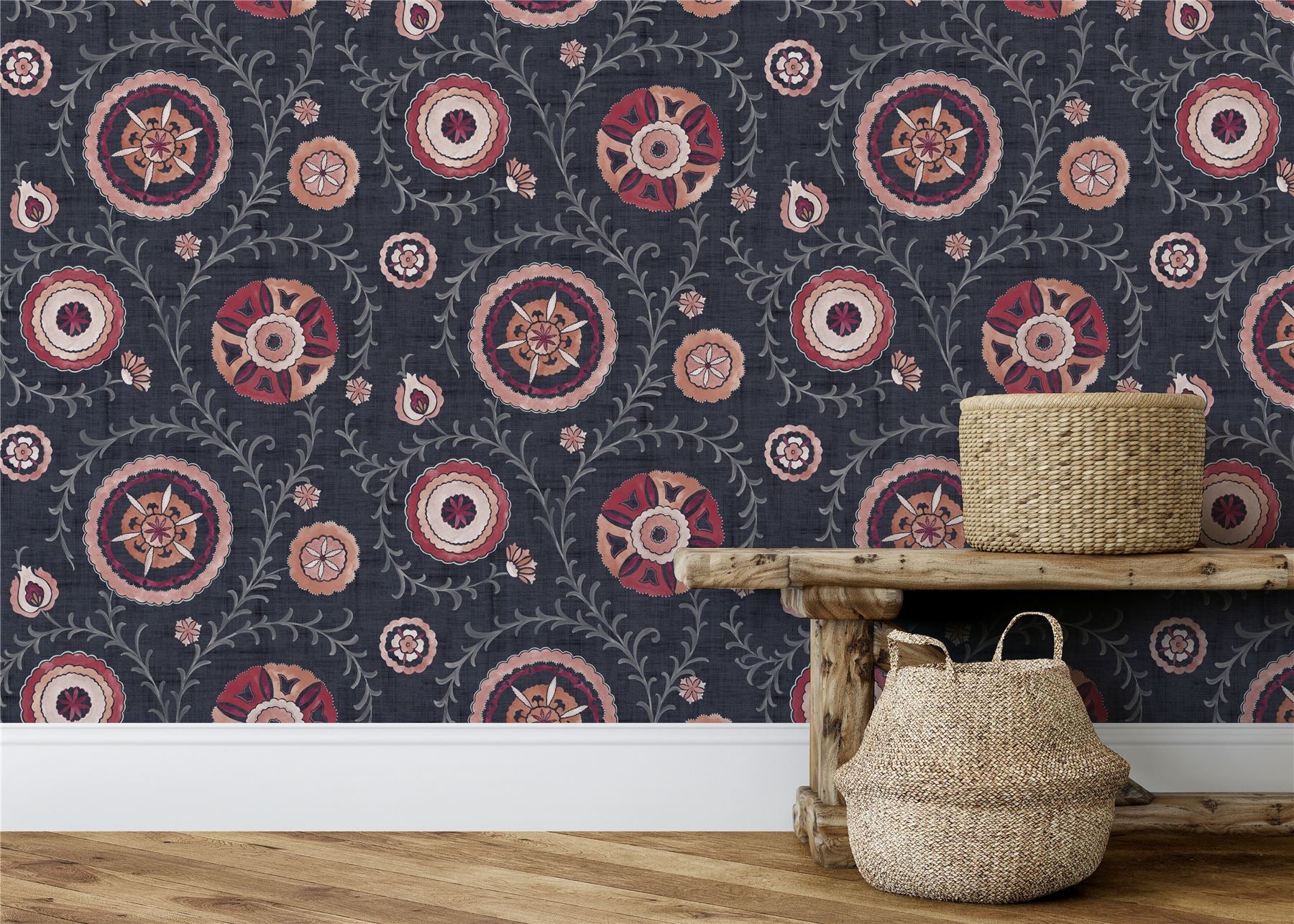 Nahlia Trail Navy/Berry Wallpaper - Esselle Home