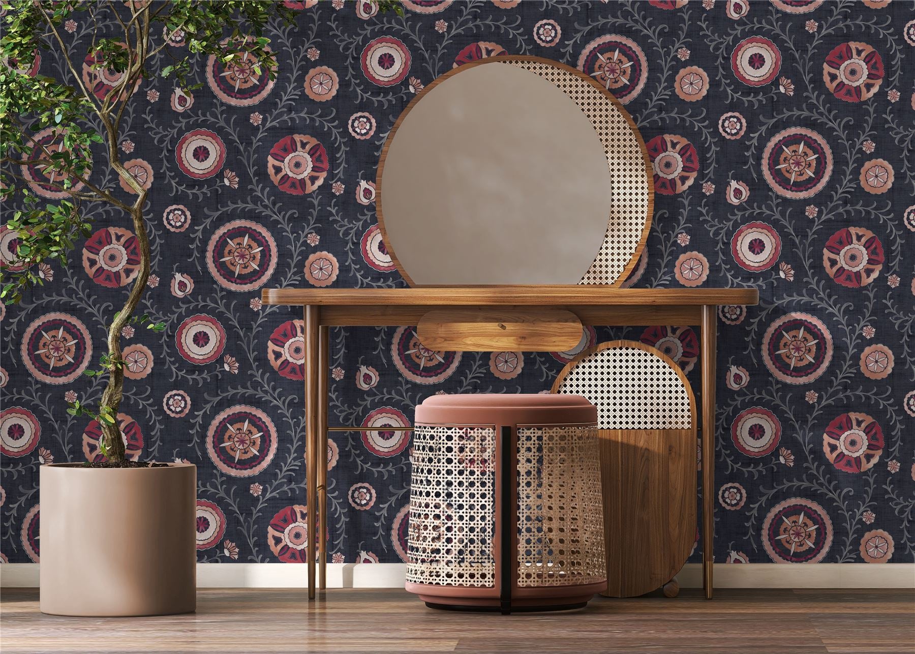 Nahlia Trail Navy/Berry Wallpaper - Esselle Home