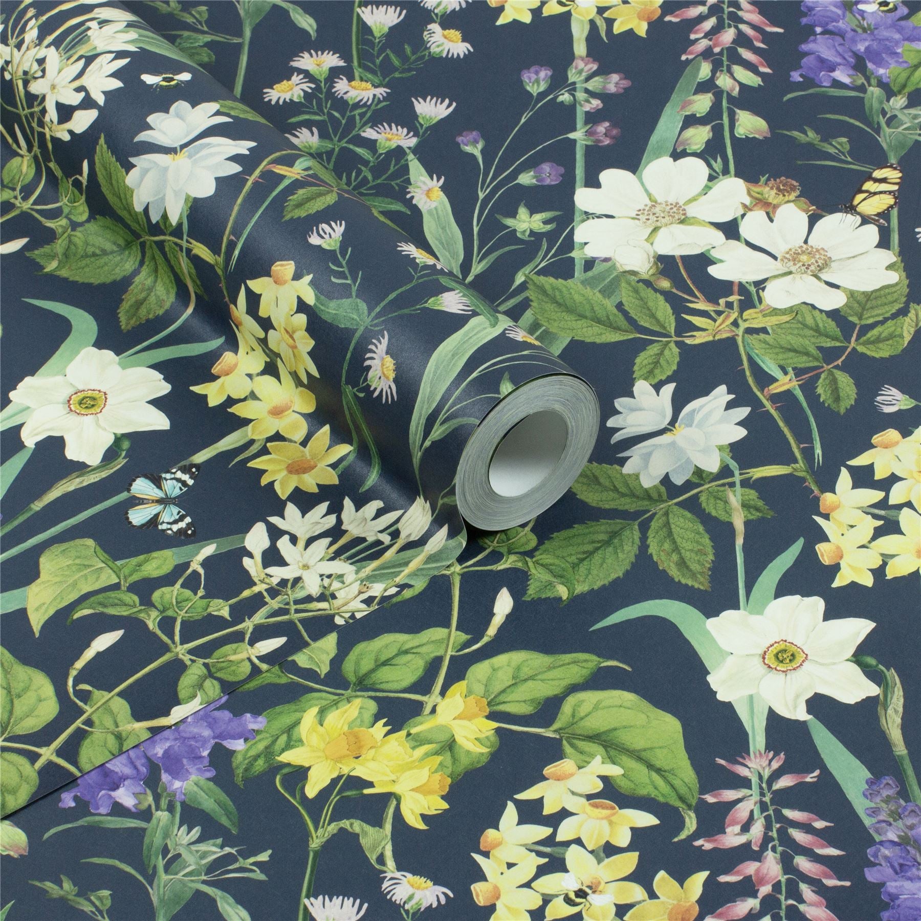 RHS Flower Medley Navy Wallpaper