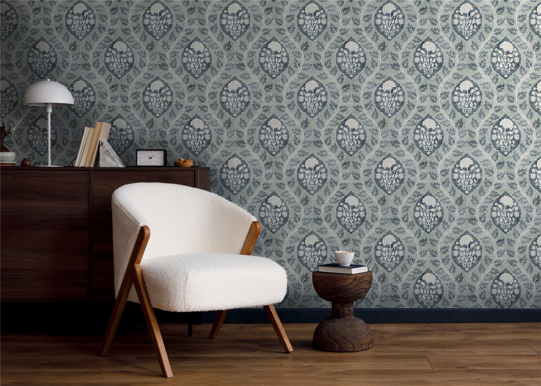 Floral Cartouche Slate Blue Wallpaper