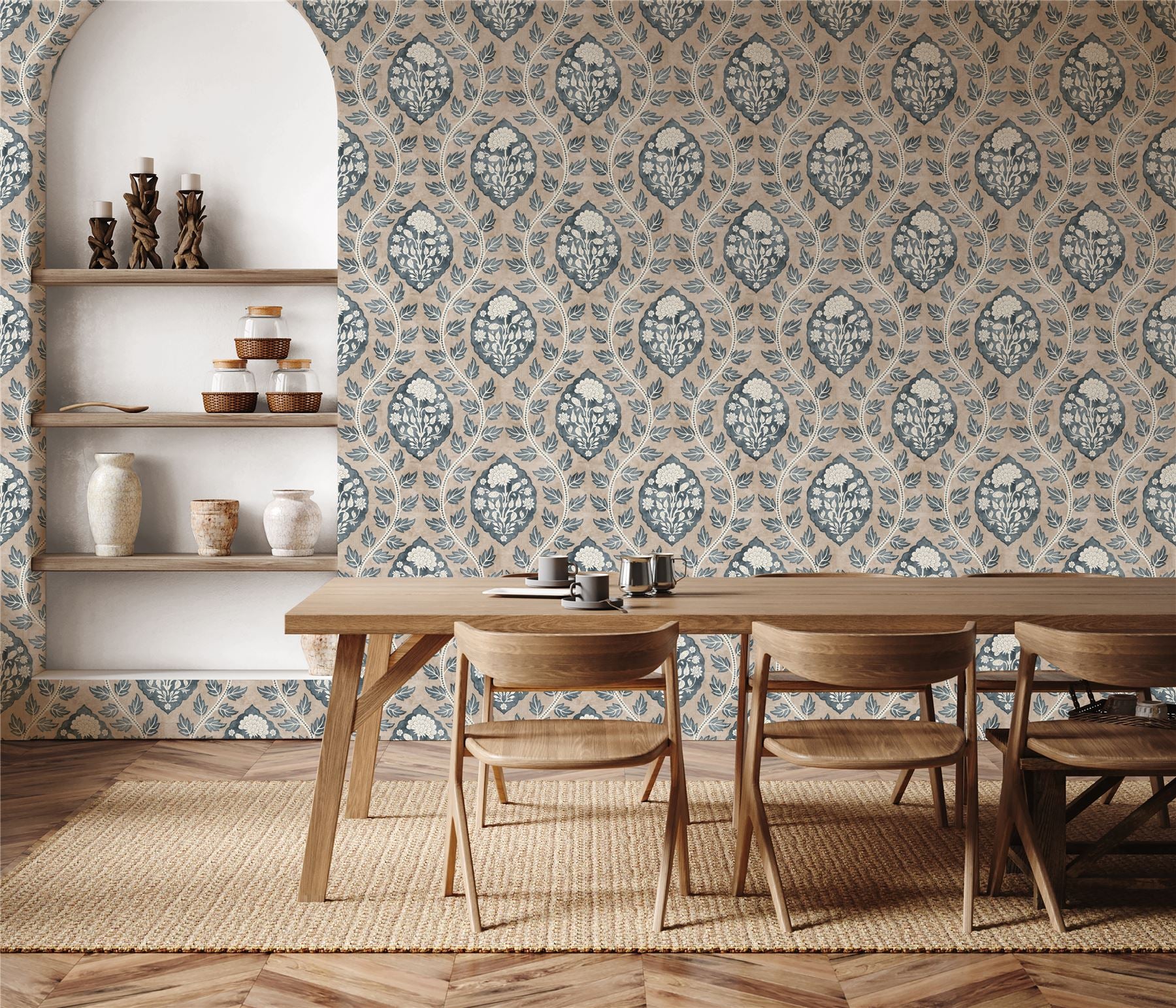 Floral Cartouche Stone Blue Wallpaper - Esselle Home