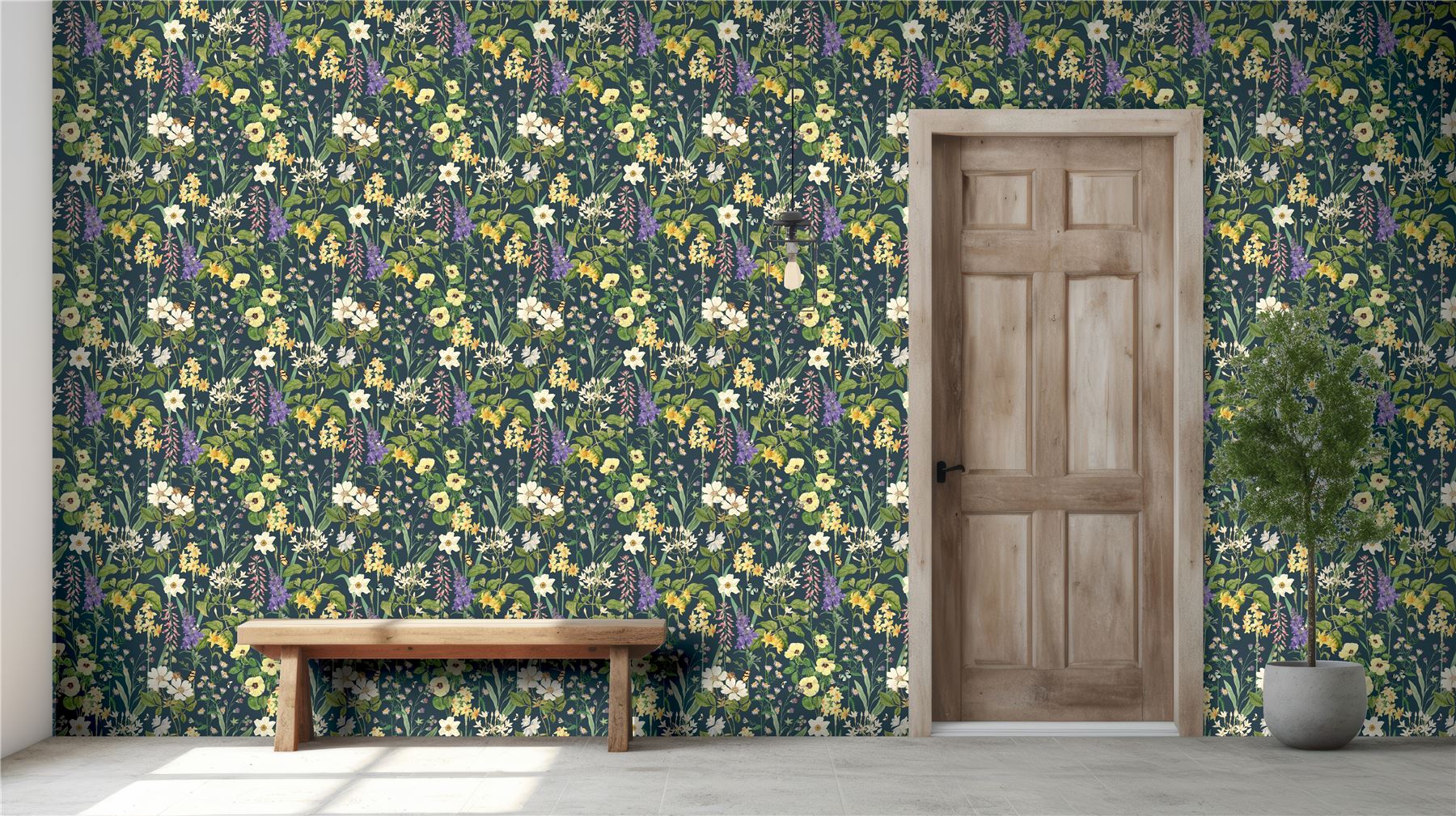 RHS Flower Medley Navy Wallpaper