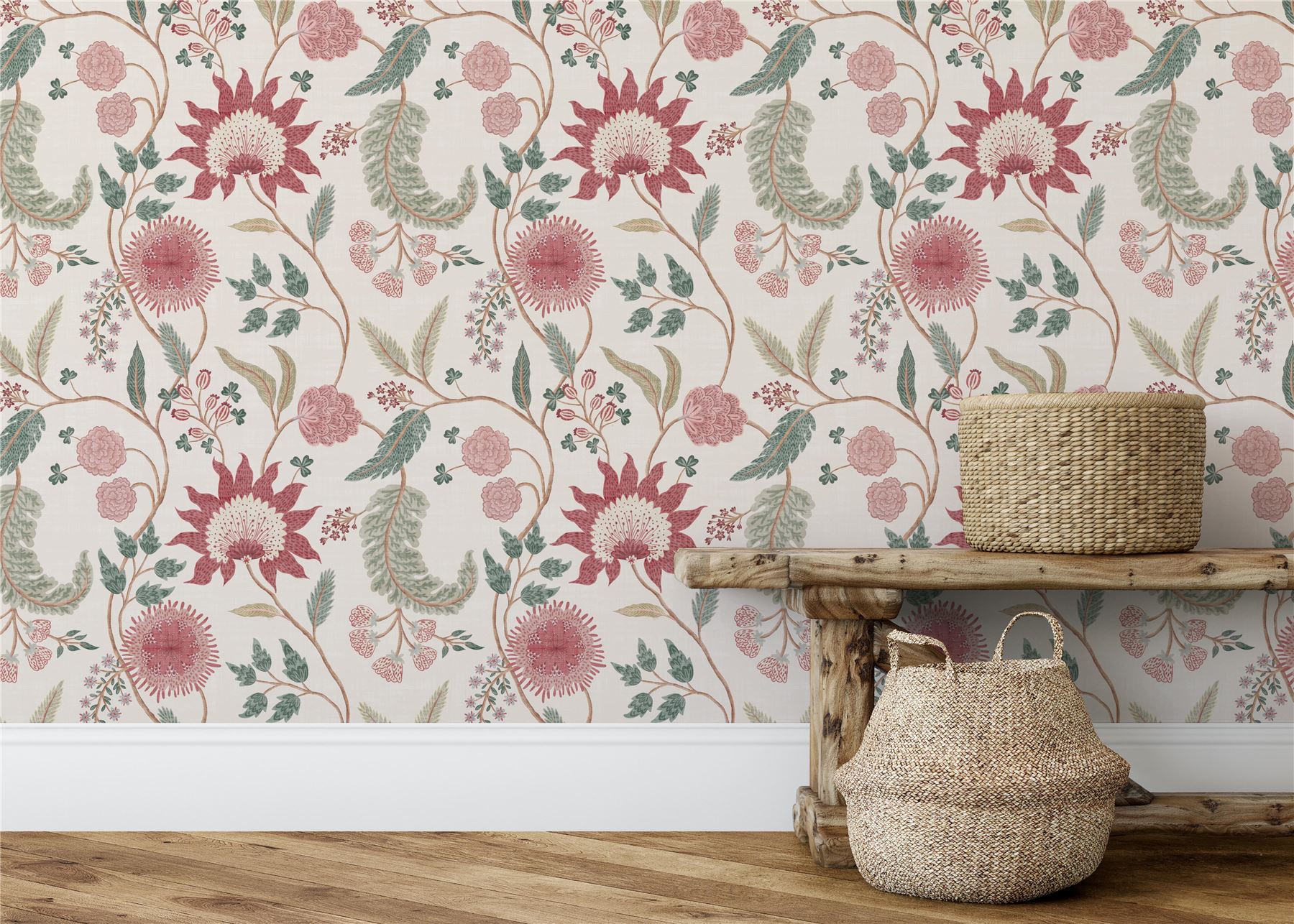 Fable Trail Linen/Raspberry/Green Wallpaper