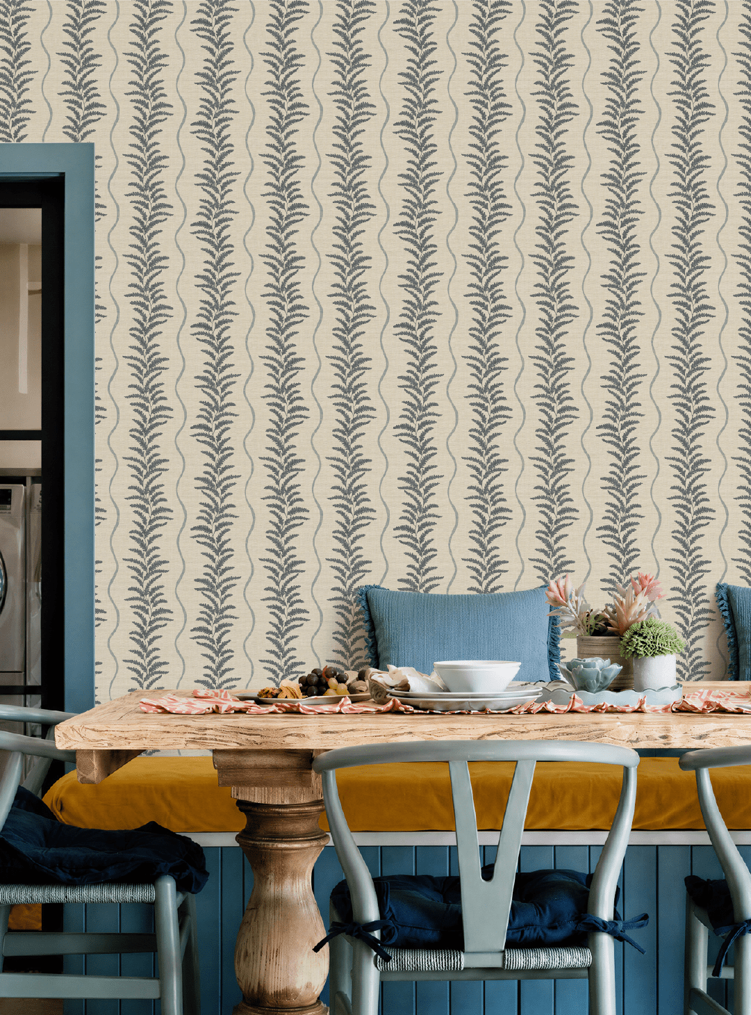 Fern Wave Blue & Beige Wallpaper - Esselle Home