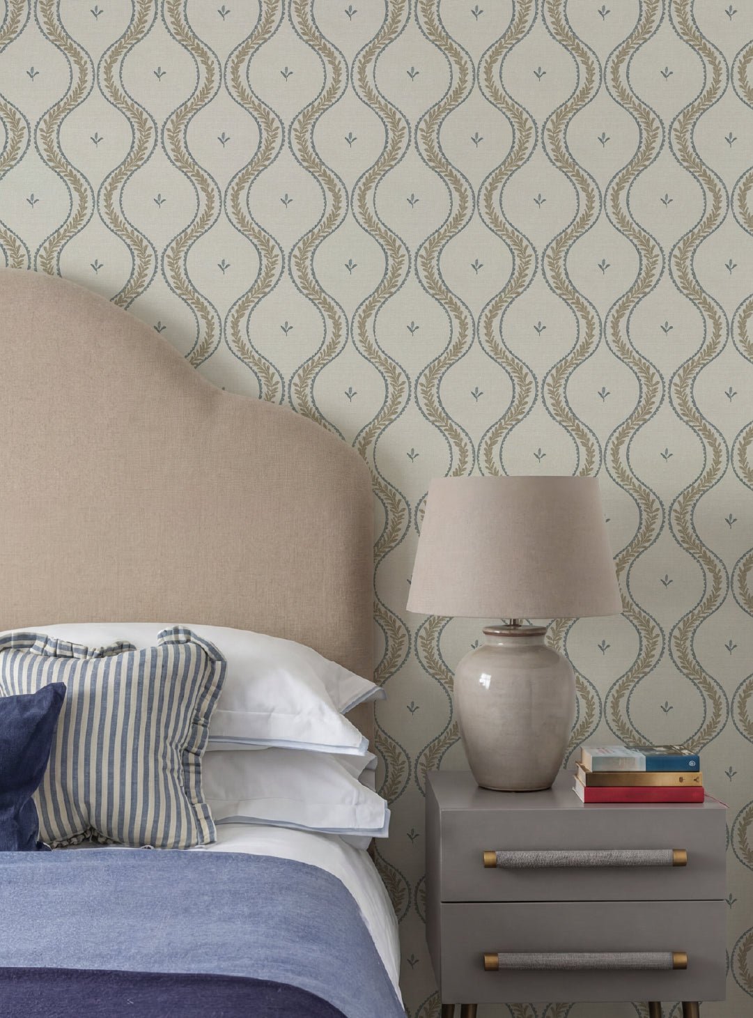 Garden Ogee Blue & Beige Wallpaper - Esselle Home