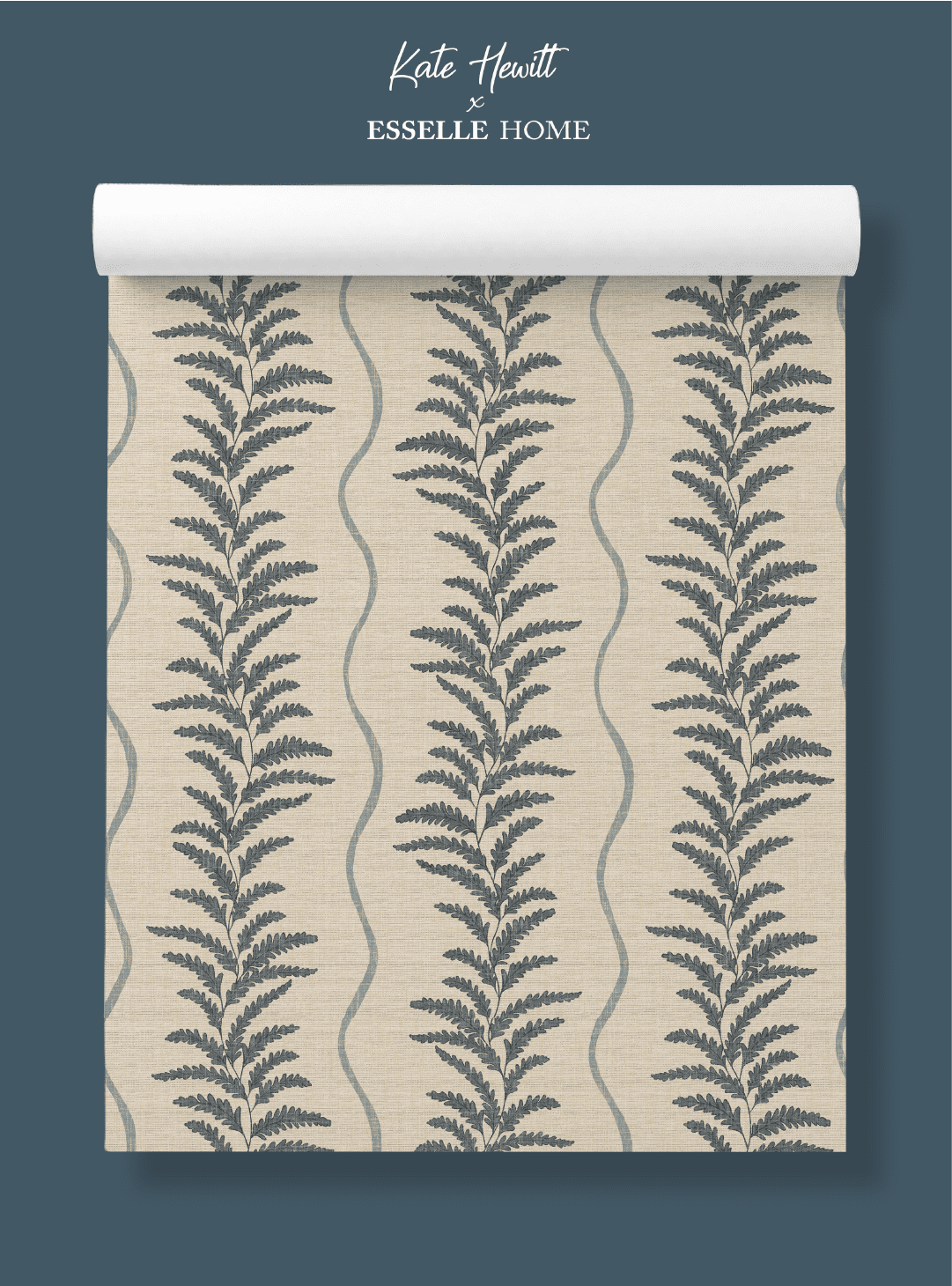 Fern Wave Blue & Beige Wallpaper - Esselle Home