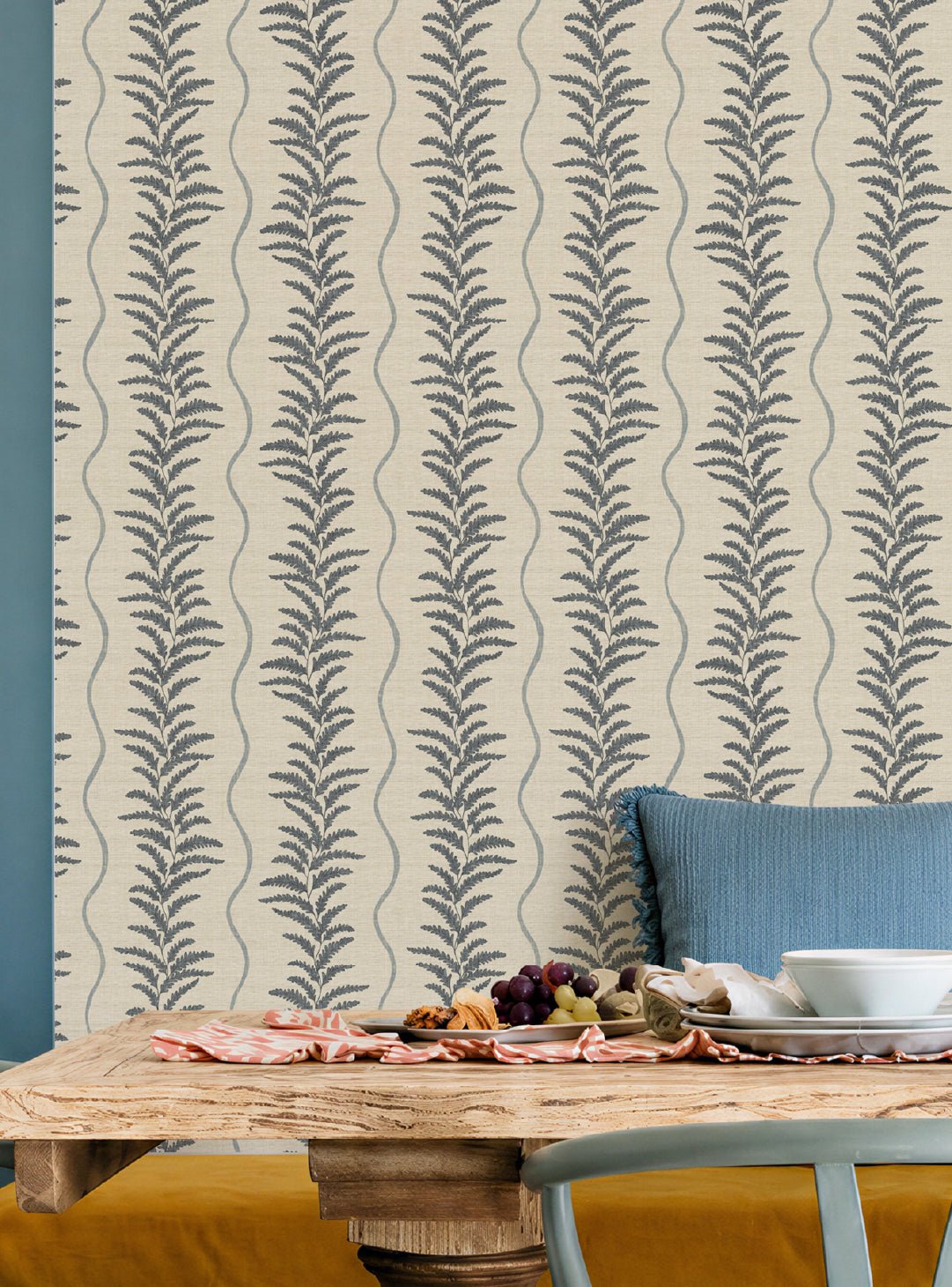 Fern Wave Blue & Beige Wallpaper - Esselle Home