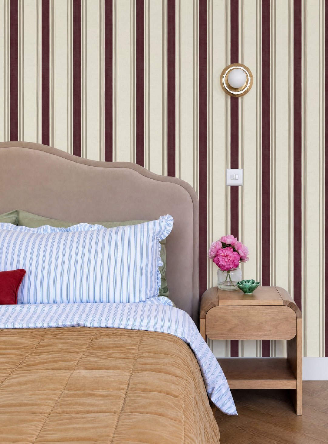 Old World Stripe Burgundy & Beige Wallpaper - Esselle Home