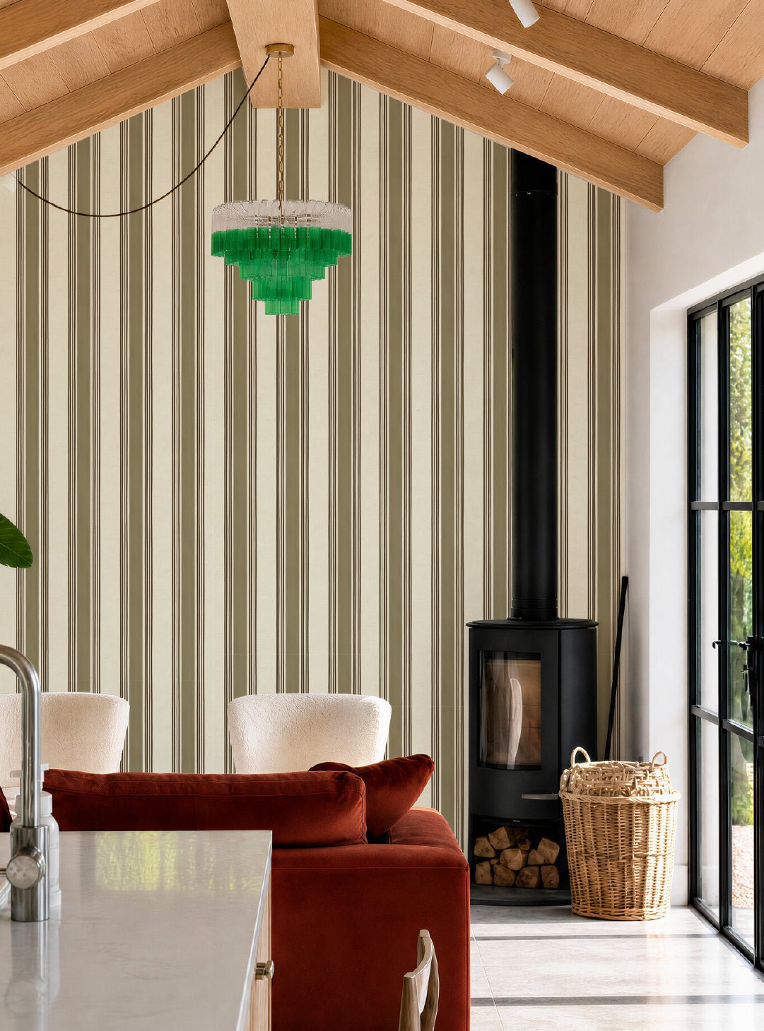 Old World Stripe Olive Green Wallpaper - Esselle Home