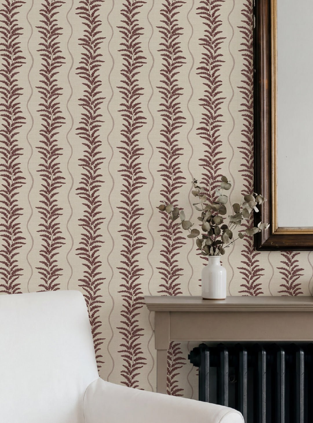 Fern Wave Burgundy & Beige Wallpaper - Esselle Home