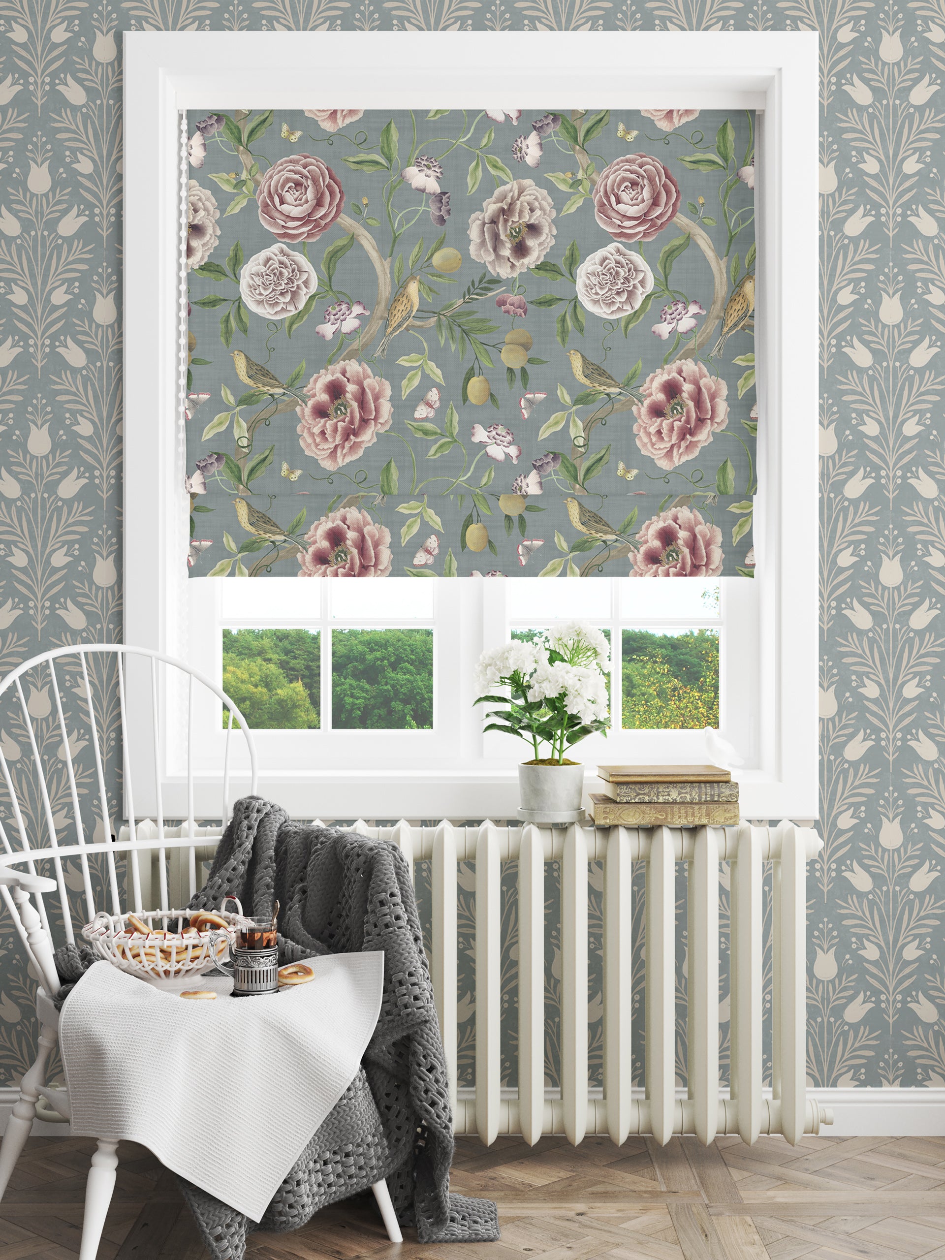 Chinoiserie Garden Slate Blue Fabric - Esselle Home