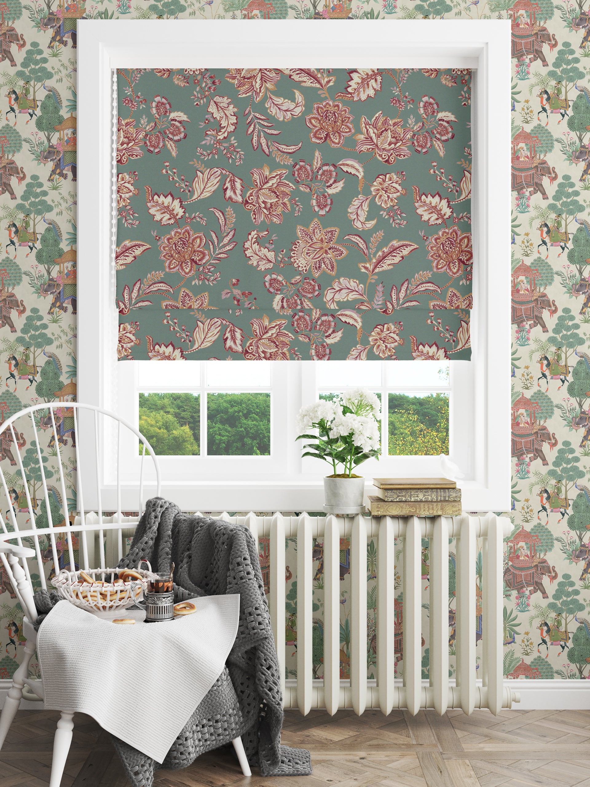 Kashmir Jacobean Teal/Raspberry Fabric - Esselle Home