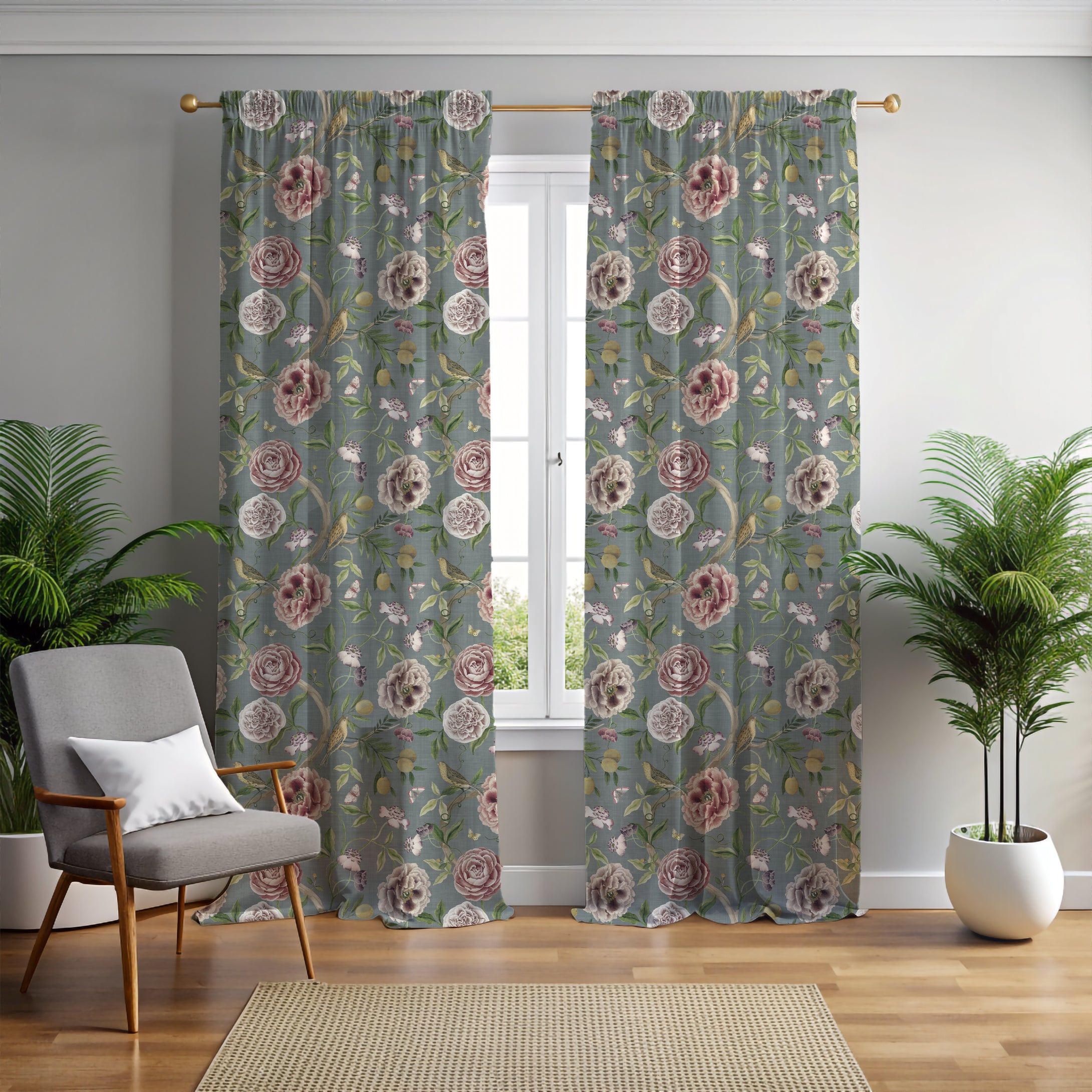 Chinoiserie Garden Slate Blue Curtain