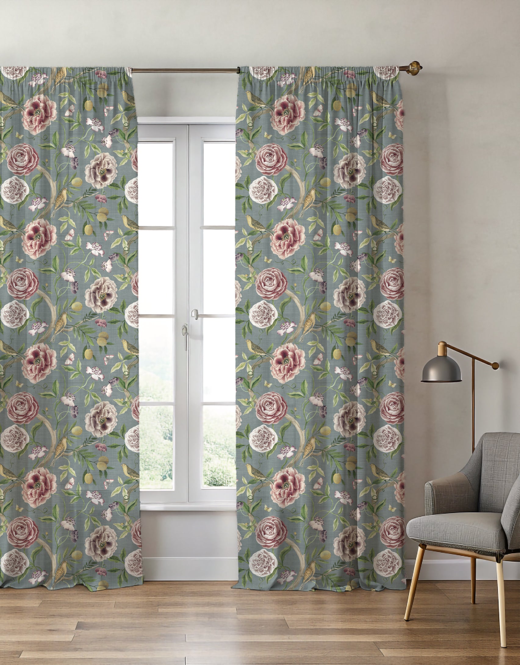 Chinoiserie Garden Slate Blue Curtain