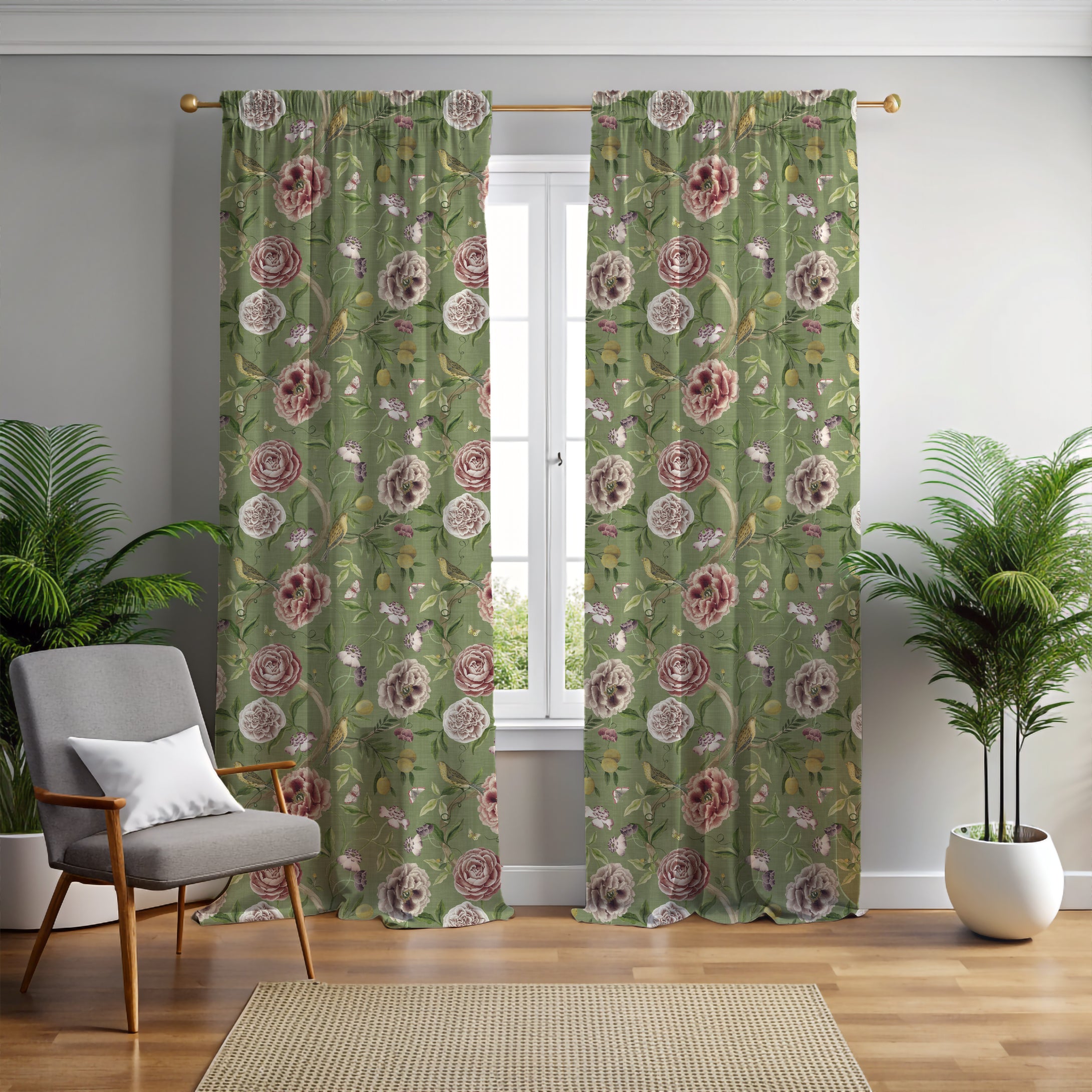 Chinoiserie Garden Spring Green Curtain