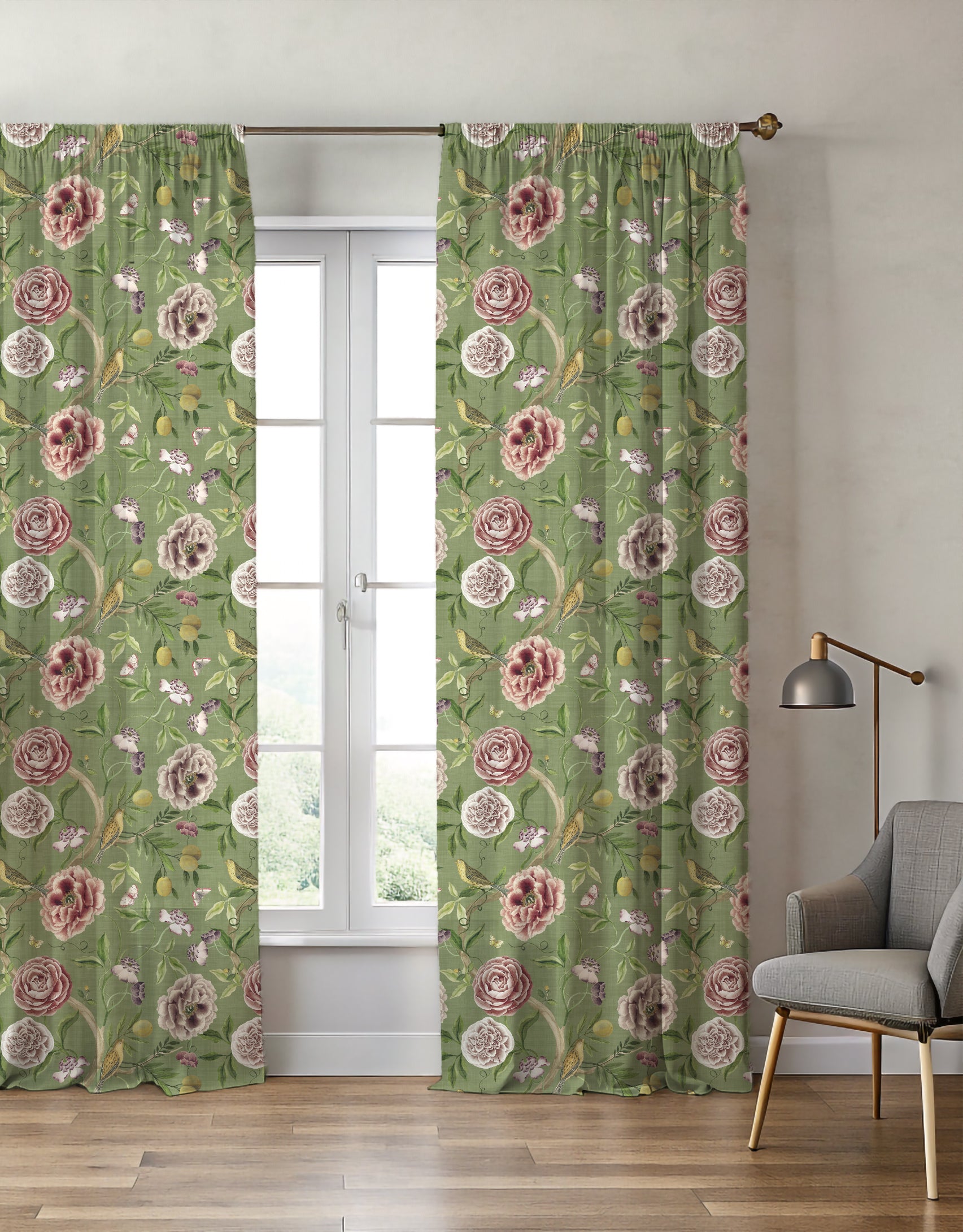 Chinoiserie Garden Spring Green Curtain