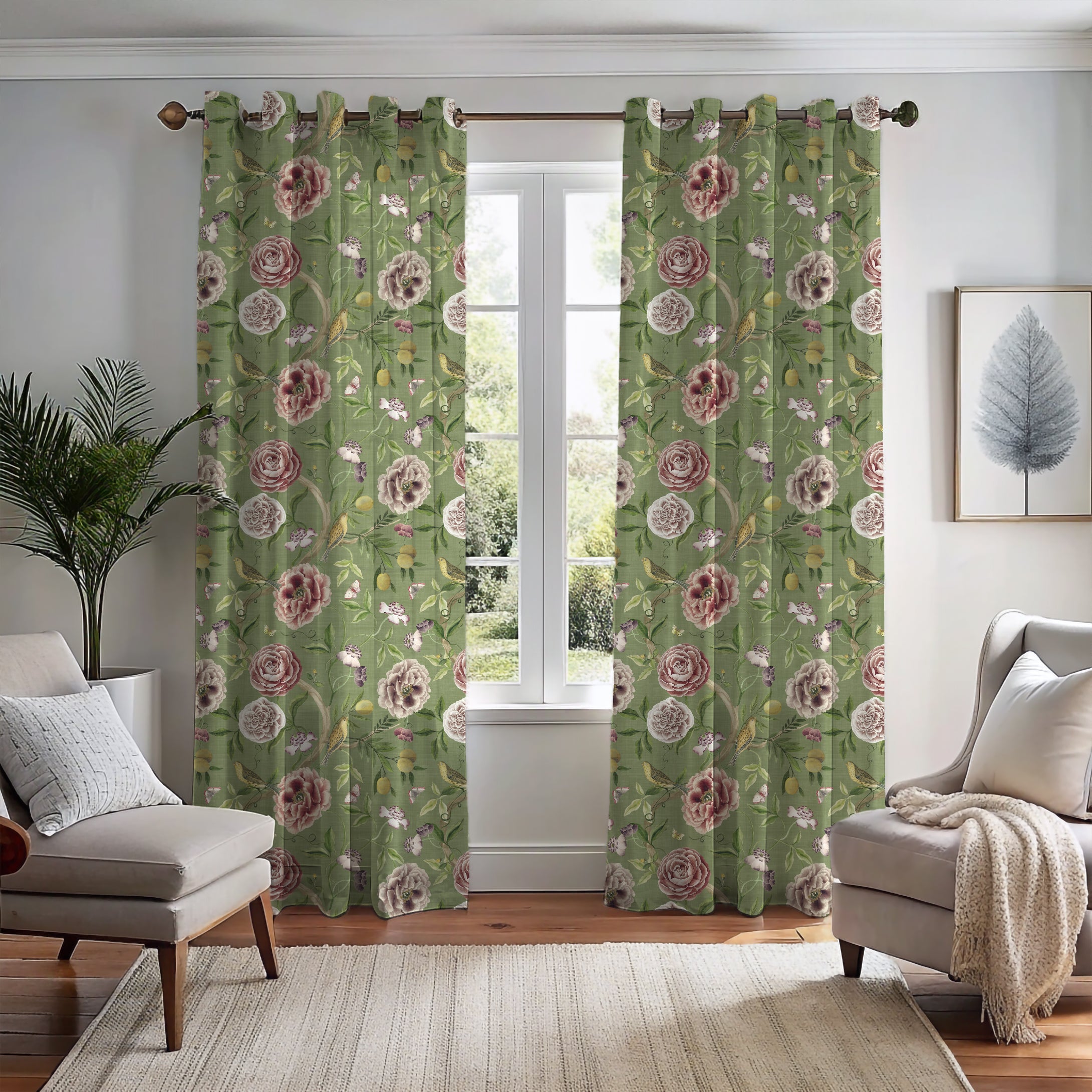 Chinoiserie Garden Spring Green Curtain