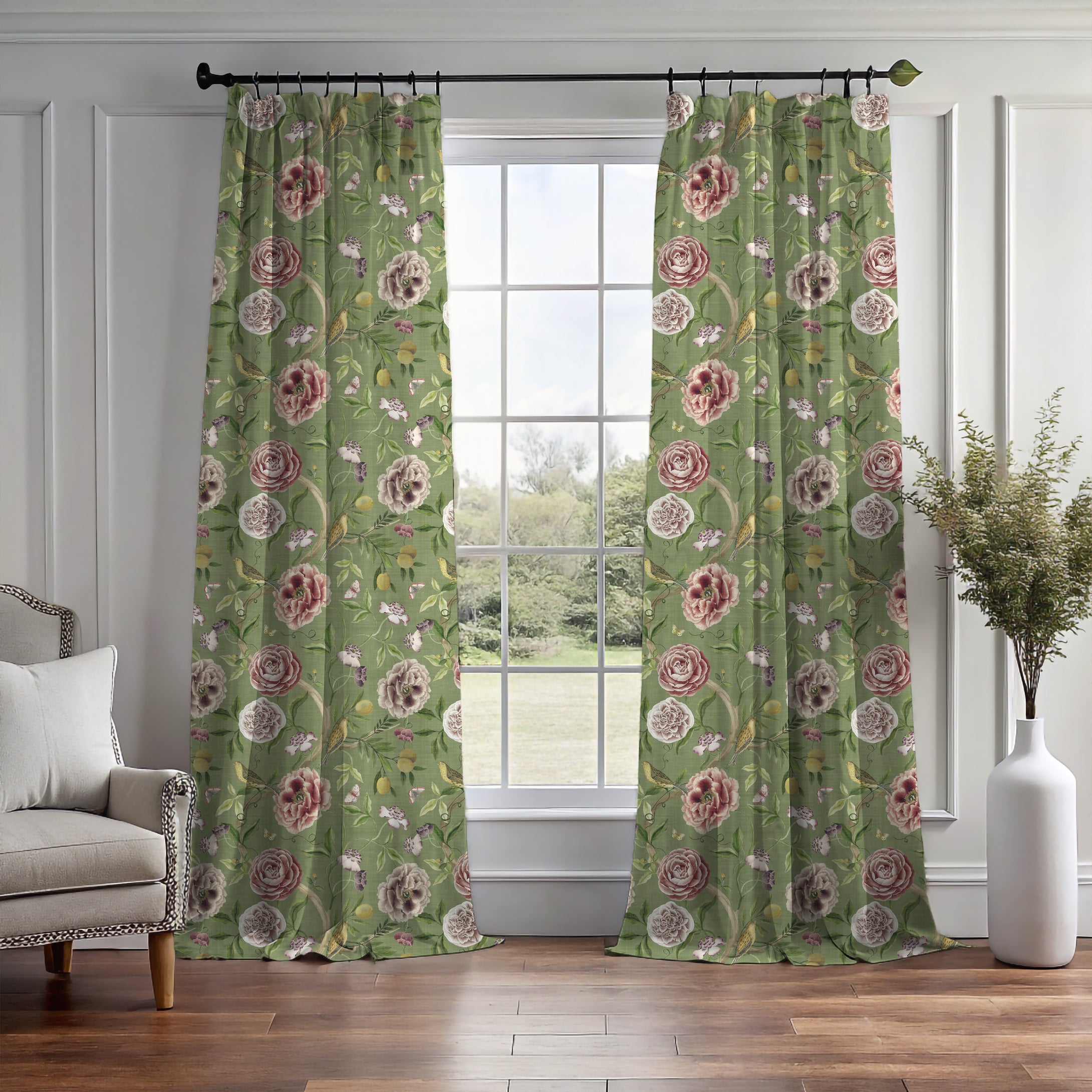 Chinoiserie Garden Spring Green Curtain