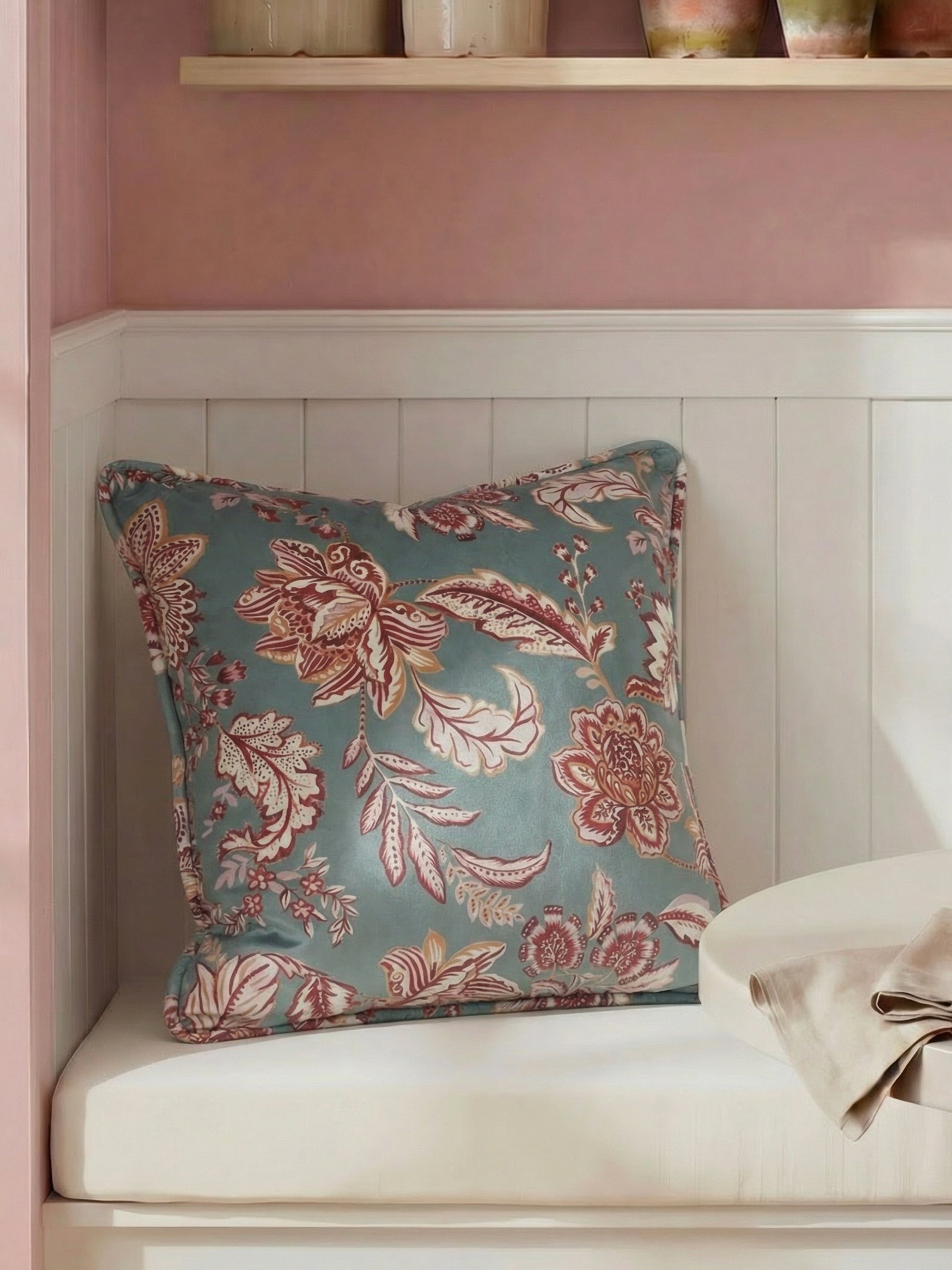 Kashmir Jacobean Teal/Raspberry Cushion - Esselle Home