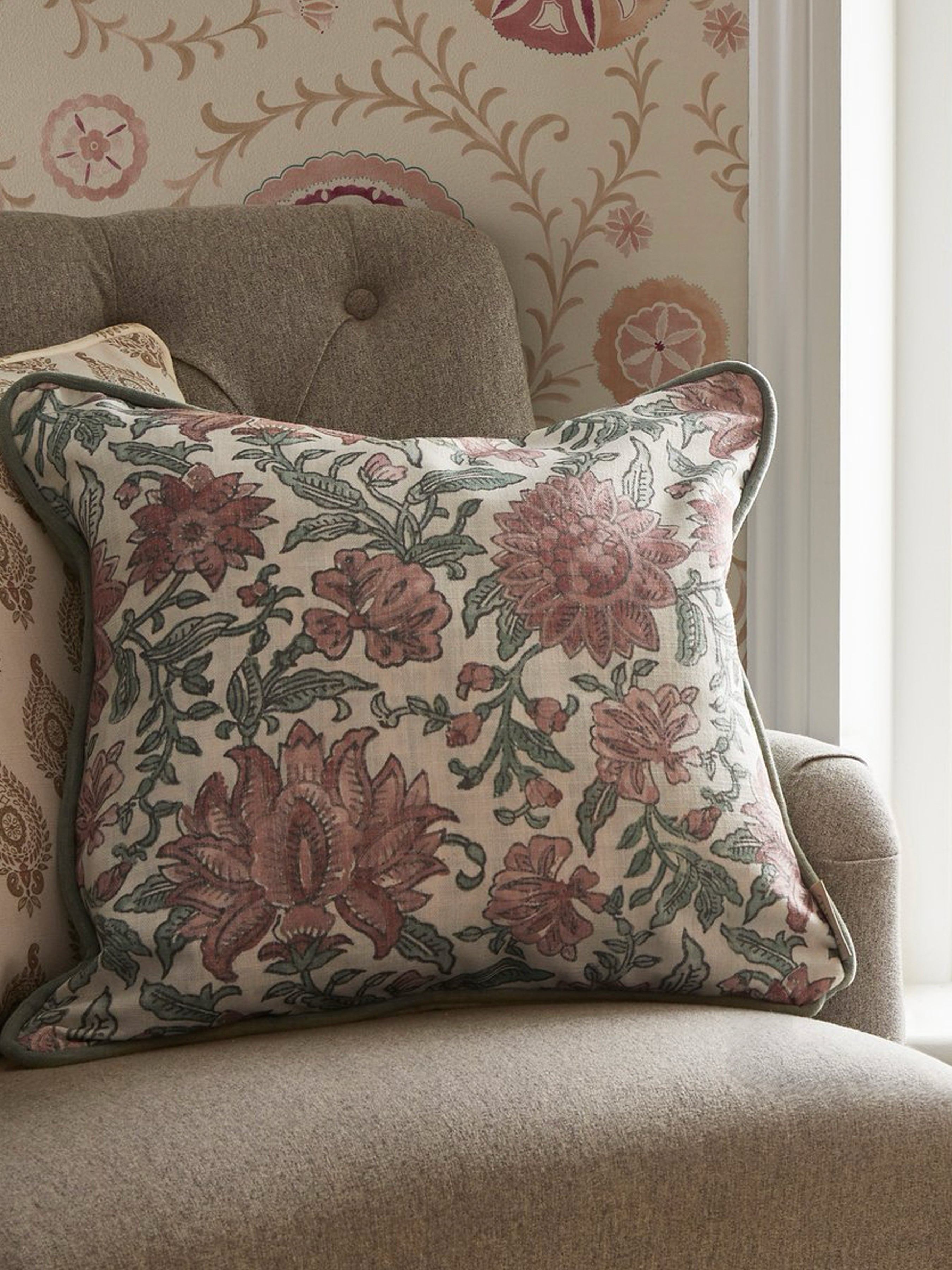 Nima Floral Rose/Sage Cushion - Esselle Home